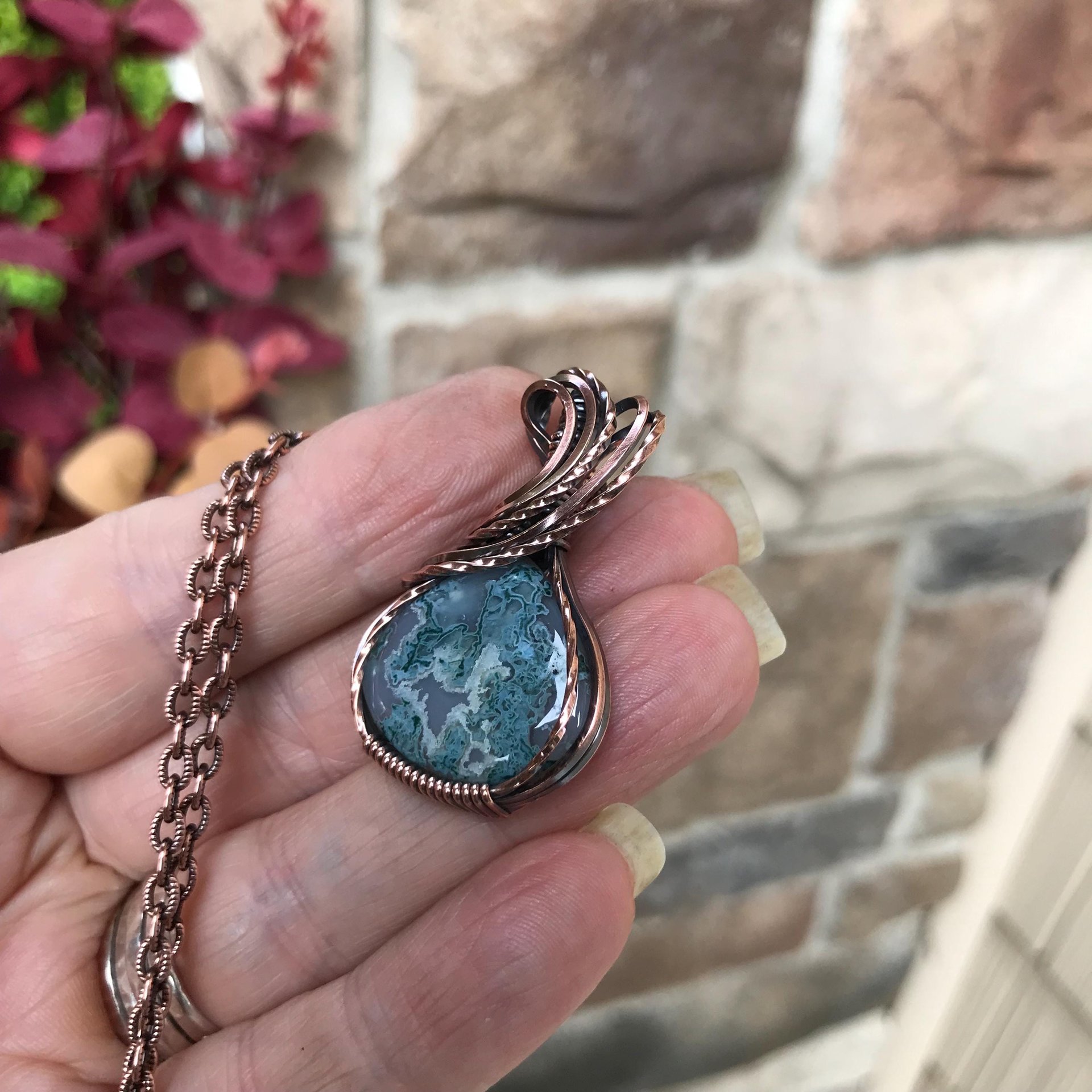 Moss Agate Small Teardrop Copper Necklace