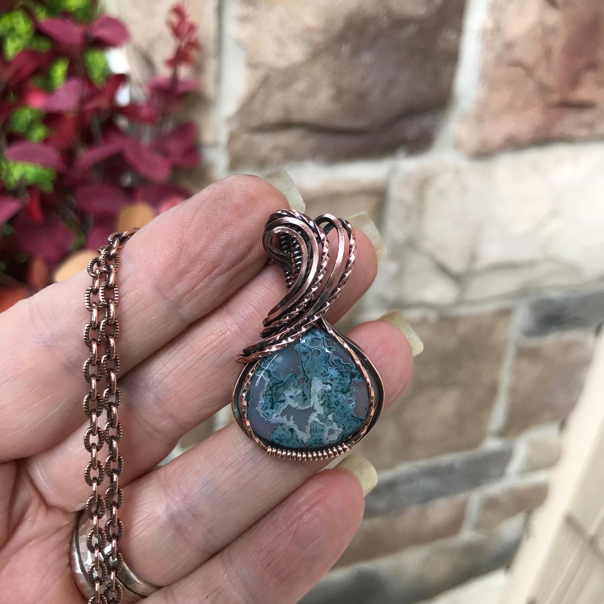Moss Agate Small Teardrop Copper Necklace