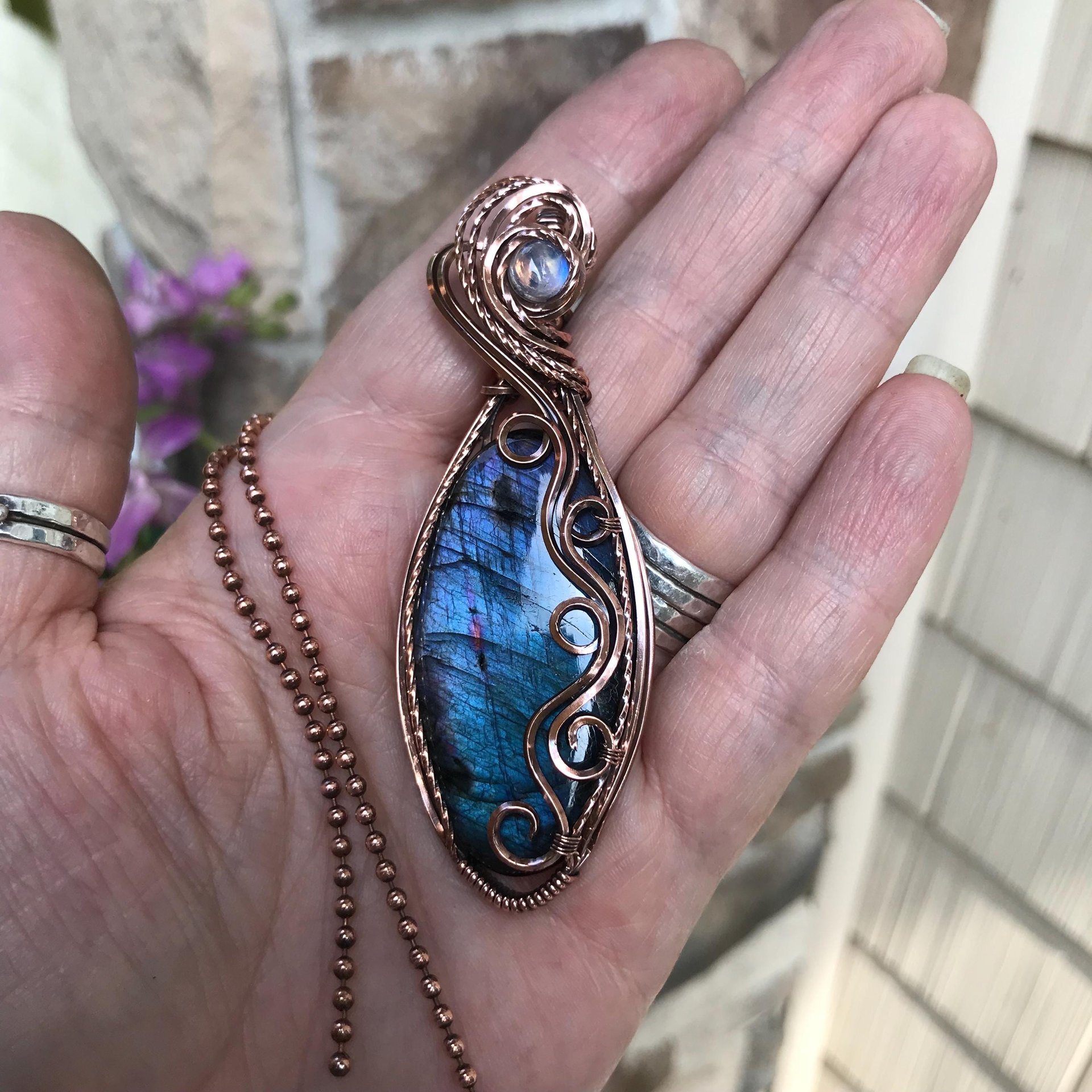 Blue Labradorite & Moonstone Slender Swirly Copper Necklace