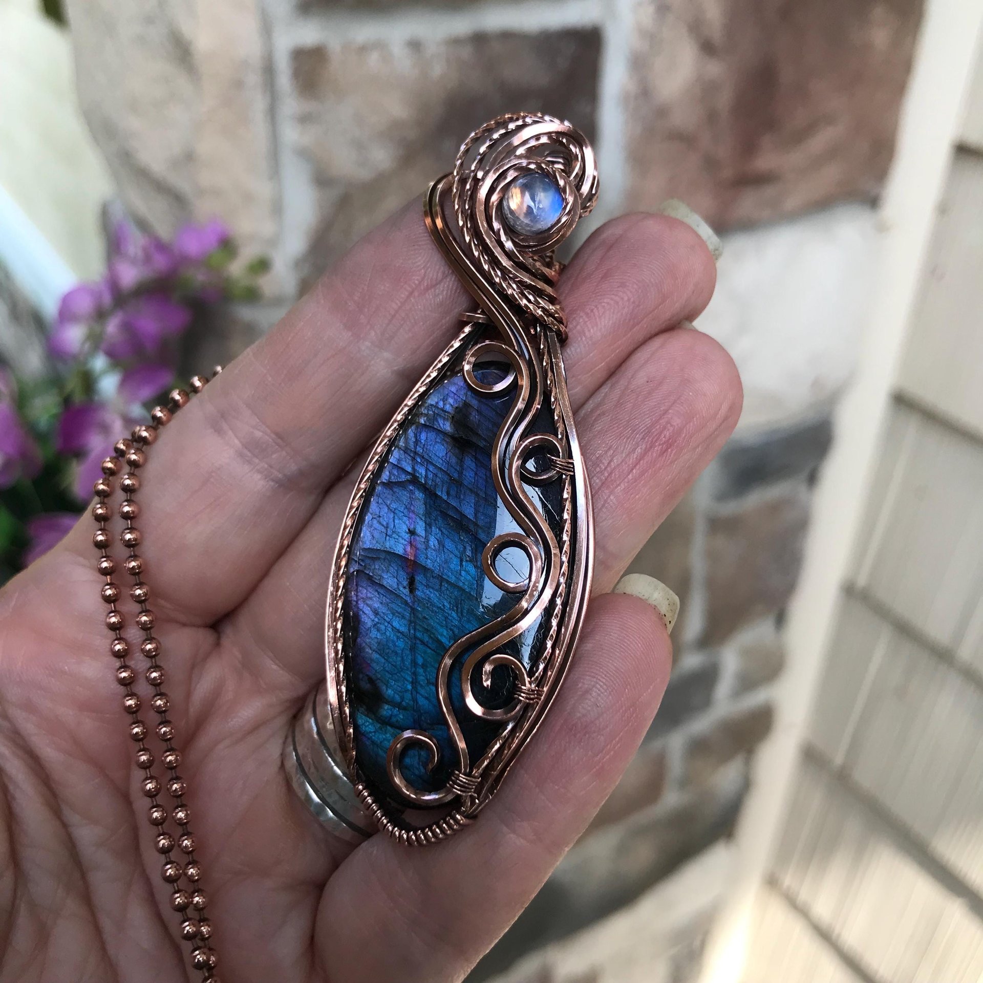 Blue Labradorite & Moonstone Slender Swirly Copper Necklace