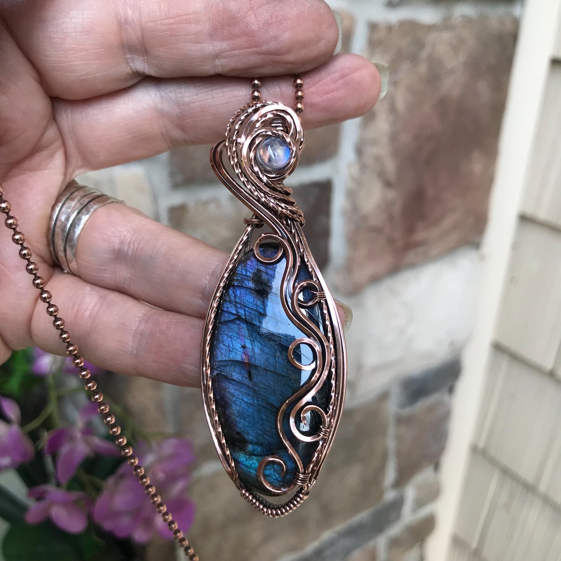 Blue Labradorite & Moonstone Slender Swirly Copper Necklace