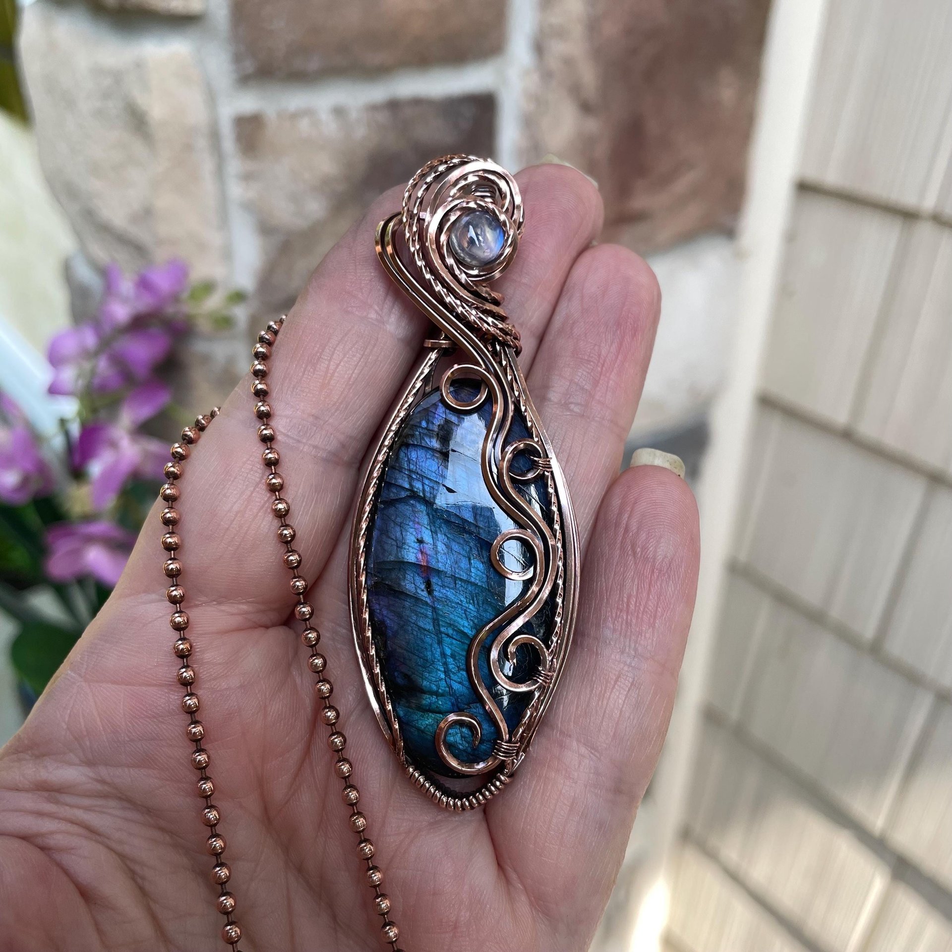 Blue Labradorite & Moonstone Slender Swirly Copper Necklace
