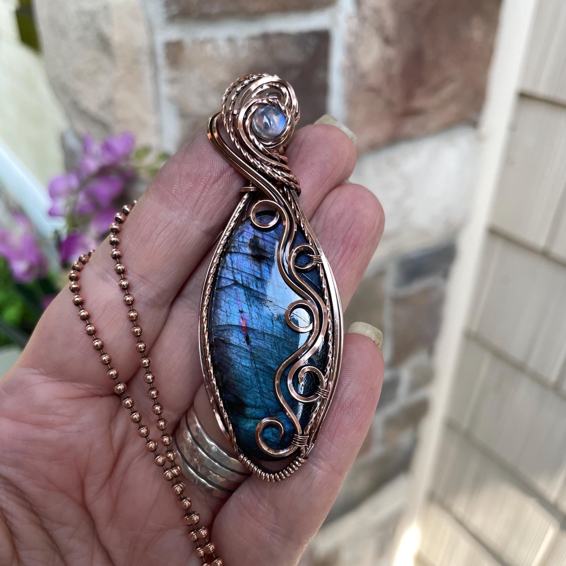 Blue Labradorite & Moonstone Slender Swirly Copper Necklace