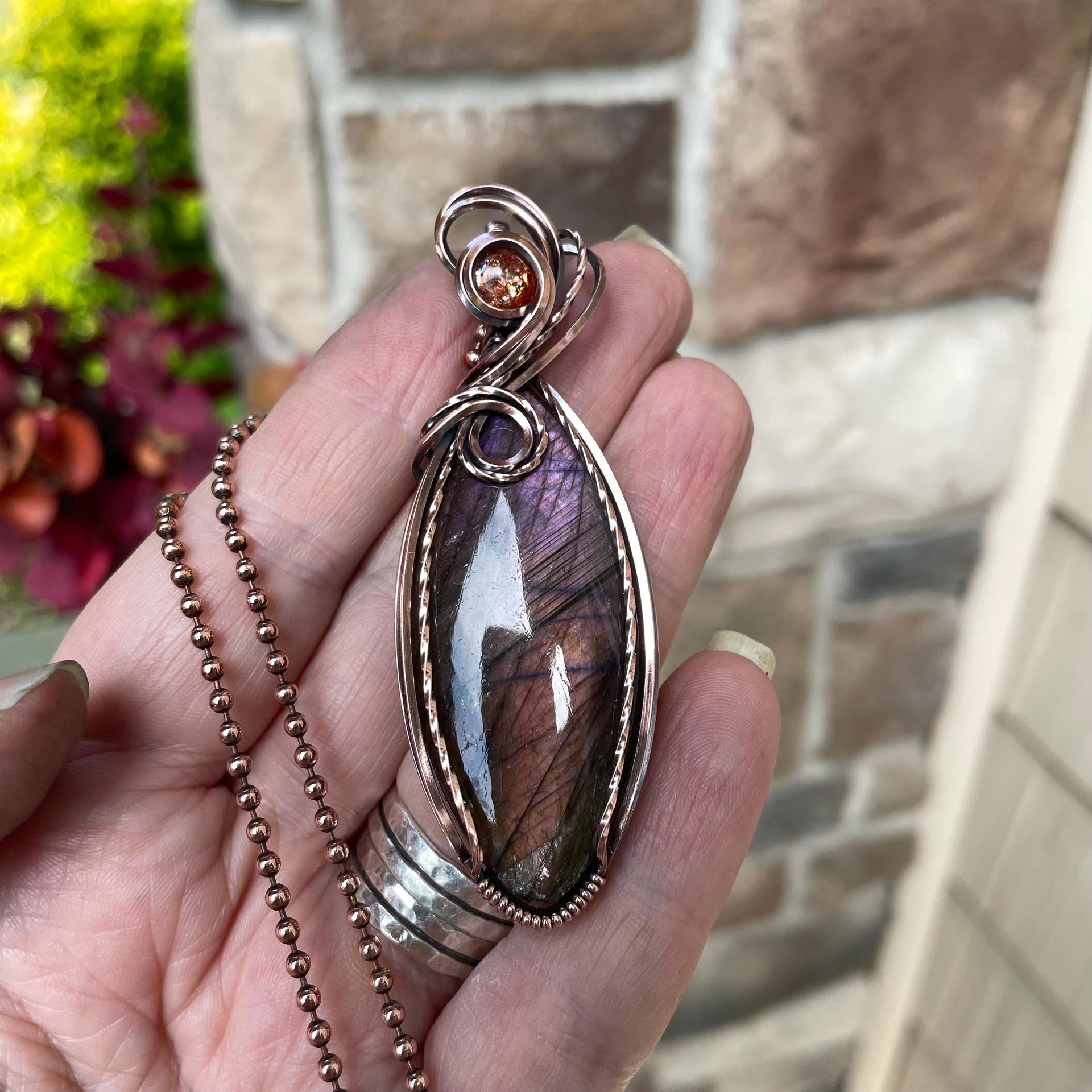 Purple & Amber Labradorite & Sunstone Marquise Copper Pendant