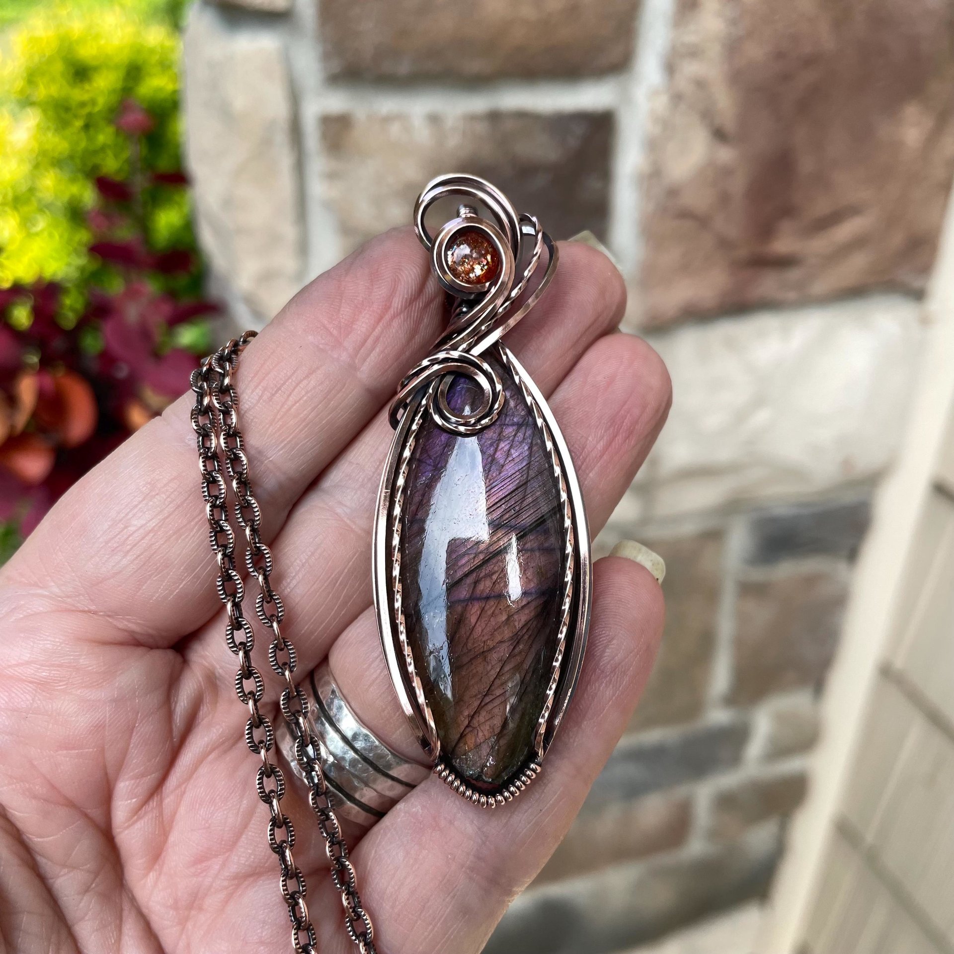 Purple & Amber Labradorite & Sunstone Marquise Copper Pendant