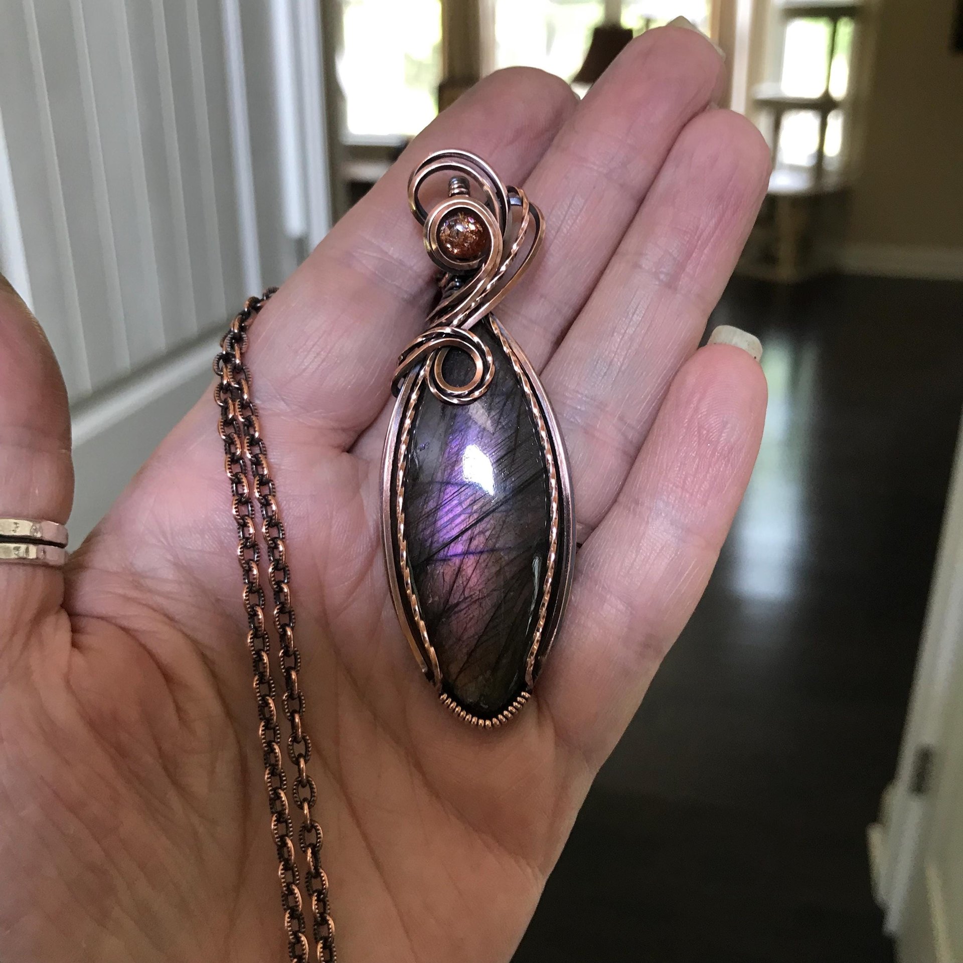 Purple & Amber Labradorite & Sunstone Marquise Copper Pendant