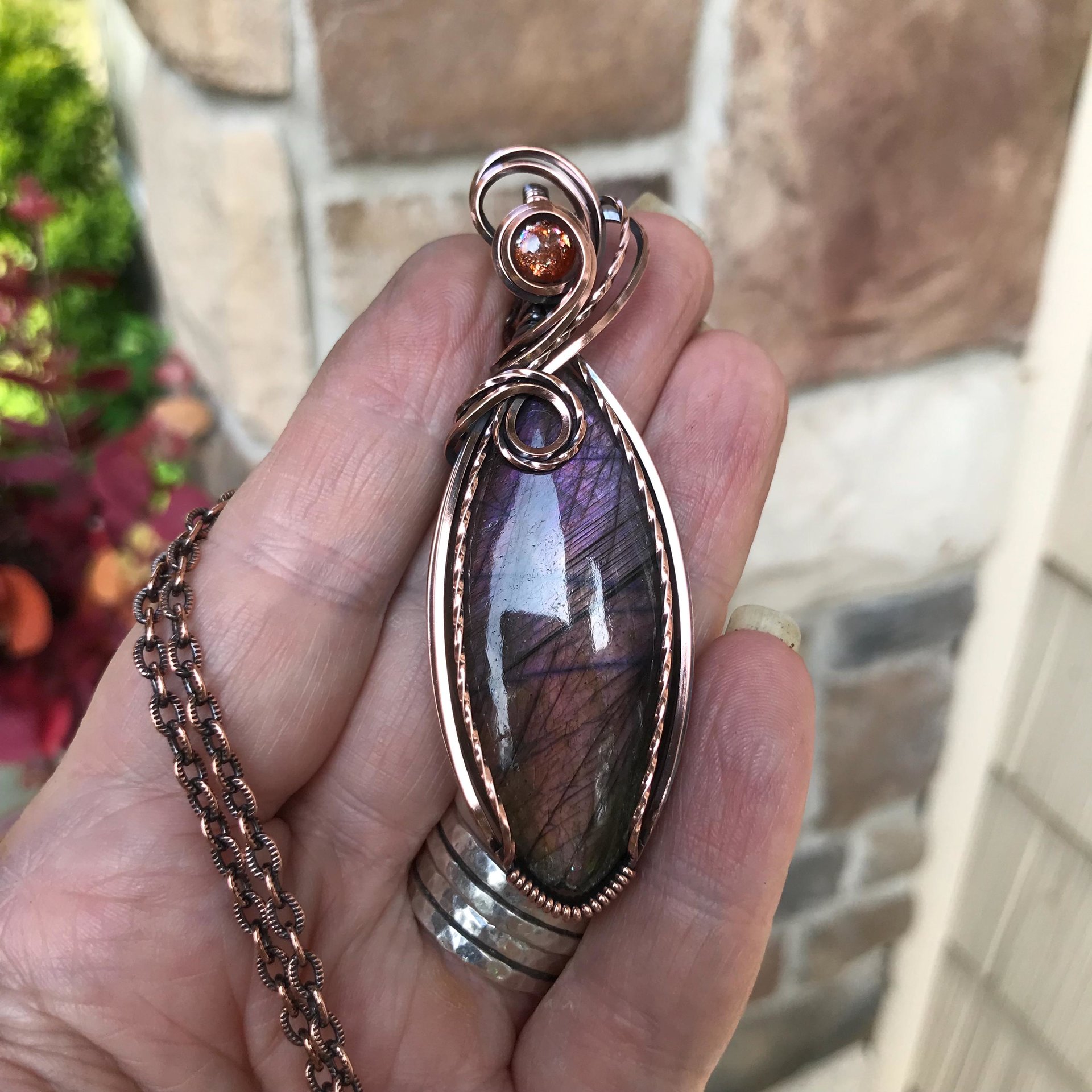 Purple & Amber Labradorite & Sunstone Marquise Copper Pendant