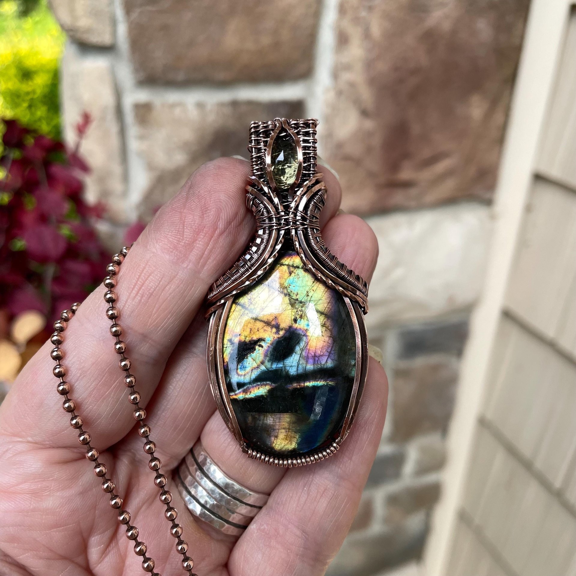 SOLD - Yellow Orange Labradorite & Lemon Quartz Copper Pendant with Weaving