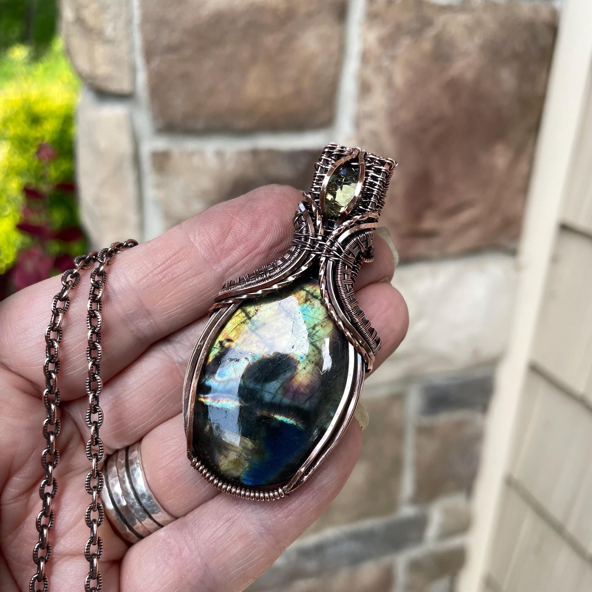 SOLD - Yellow Orange Labradorite & Lemon Quartz Copper Pendant with Weaving