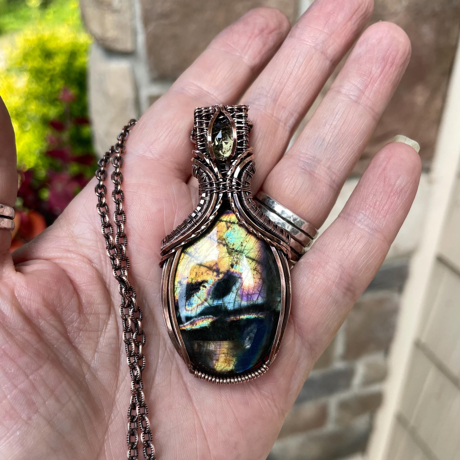SOLD - Yellow Orange Labradorite & Lemon Quartz Copper Pendant with Weaving