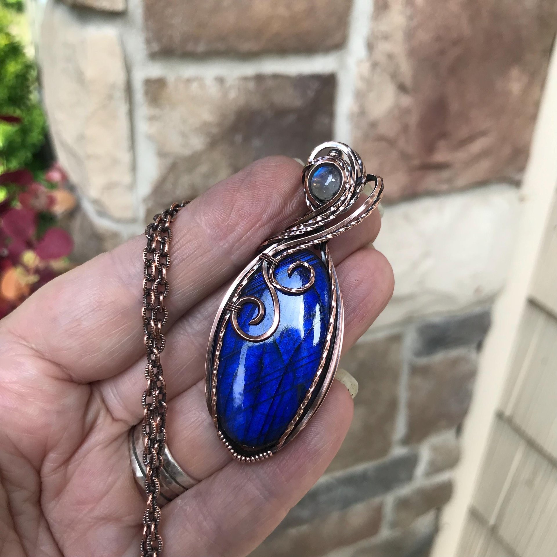 Electric Blue Labradorite & Moonstone Oval Copper Pendant