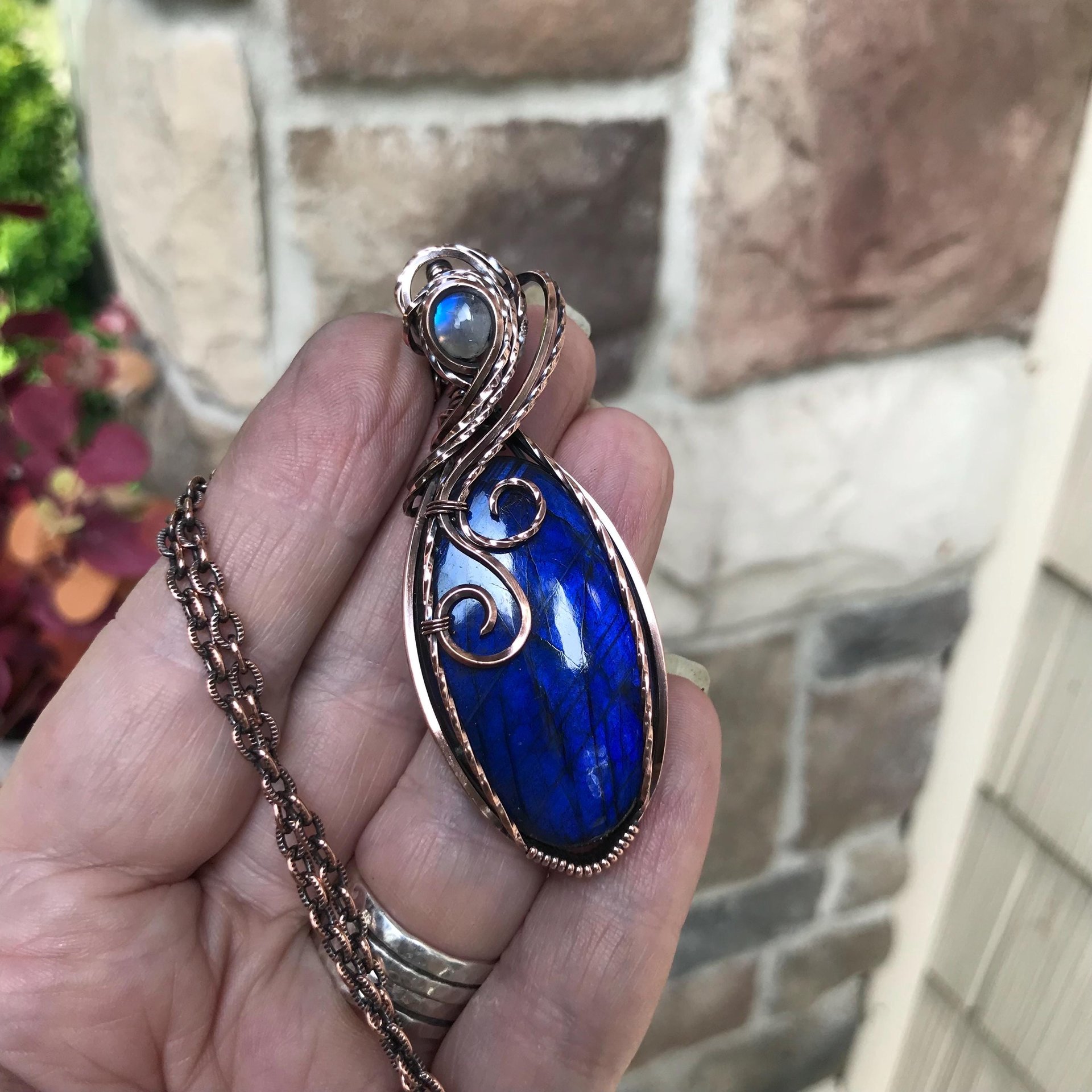 Electric Blue Labradorite & Moonstone Oval Copper Pendant