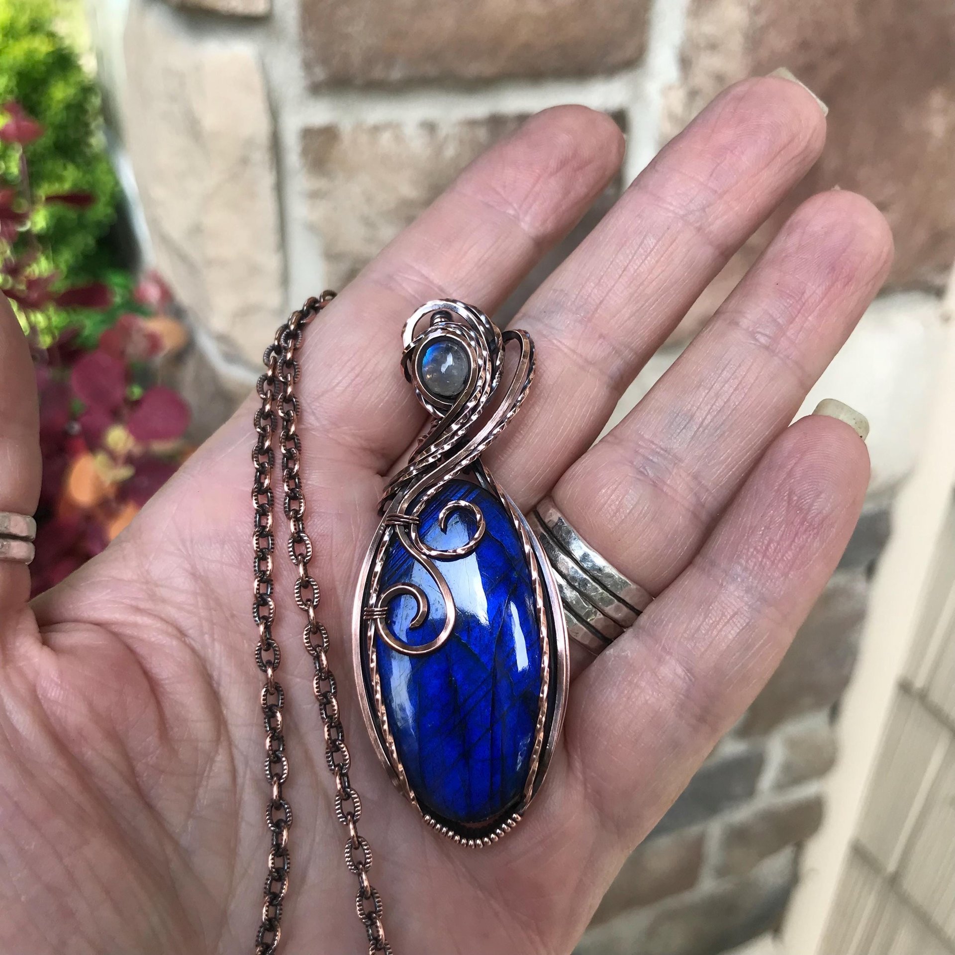 Electric Blue Labradorite & Moonstone Oval Copper Pendant