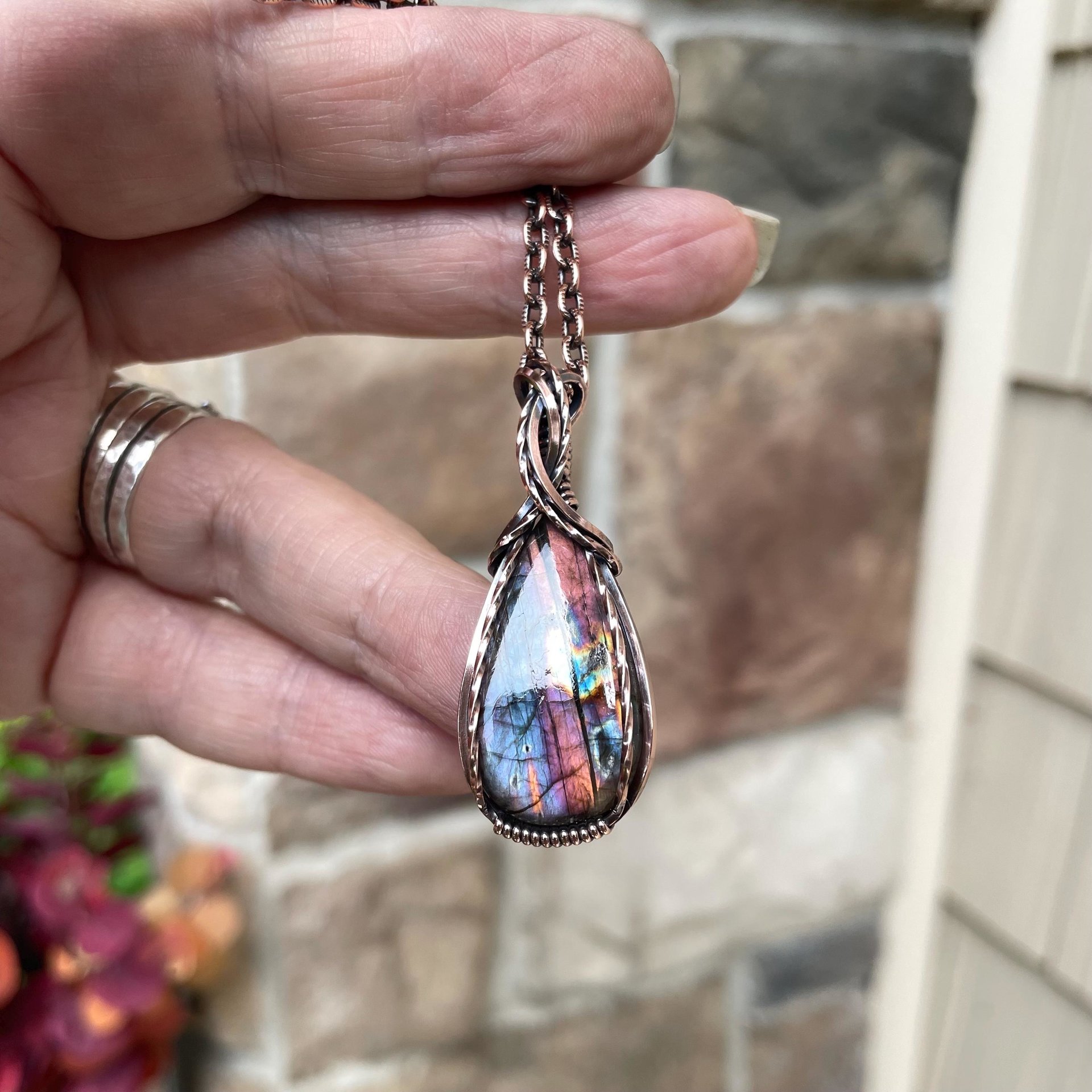 Purple Orange Labradorite Small Copper Necklace