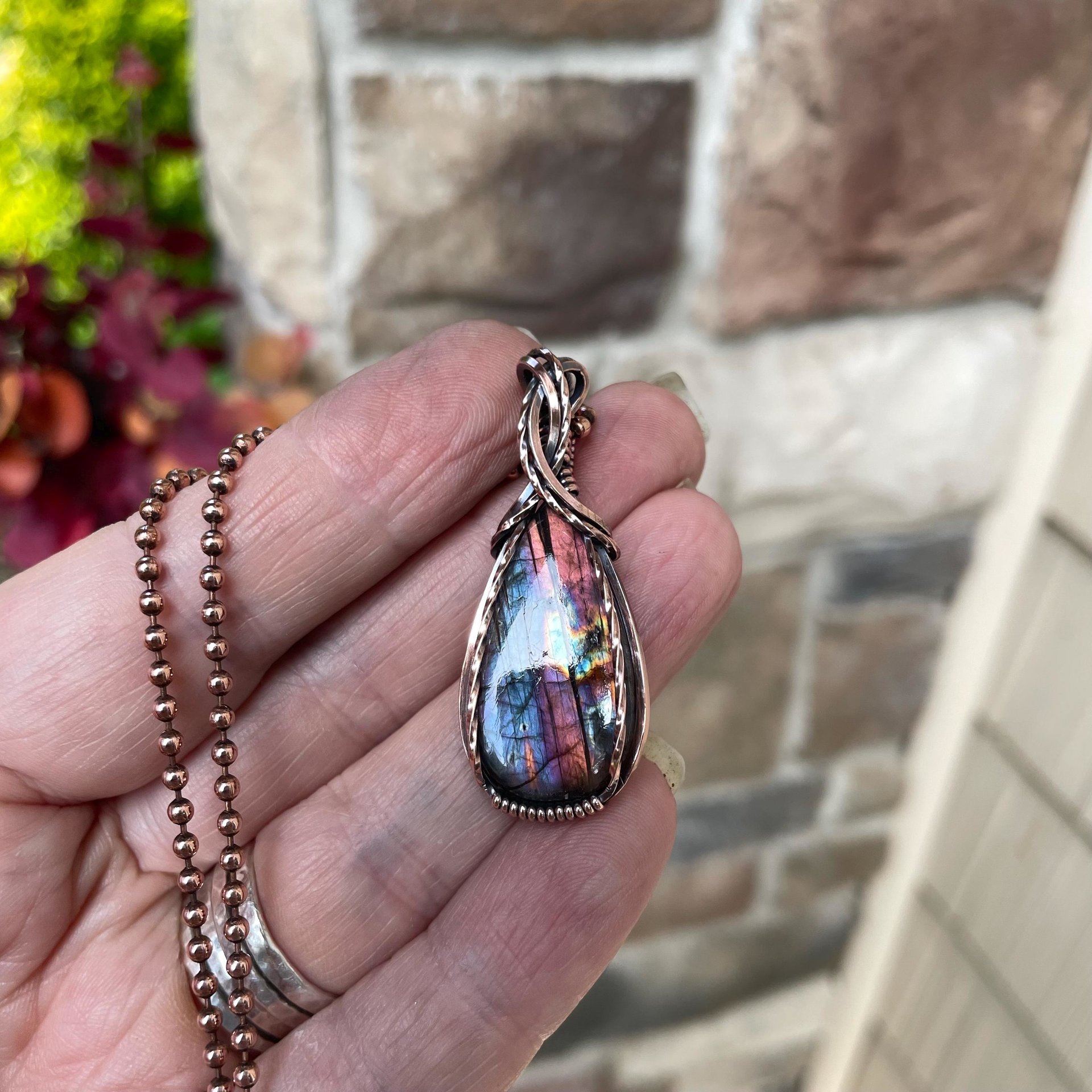 Purple Orange Labradorite Small Copper Necklace