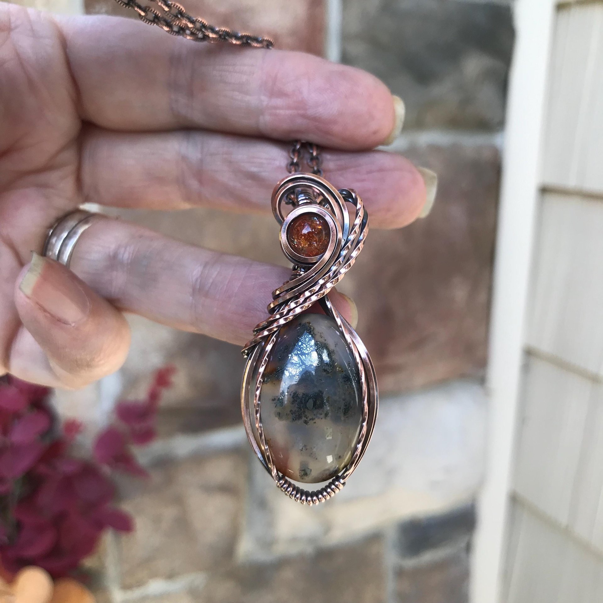 Graveyard Point Plume Agate & Sunstone Copper Pendant
