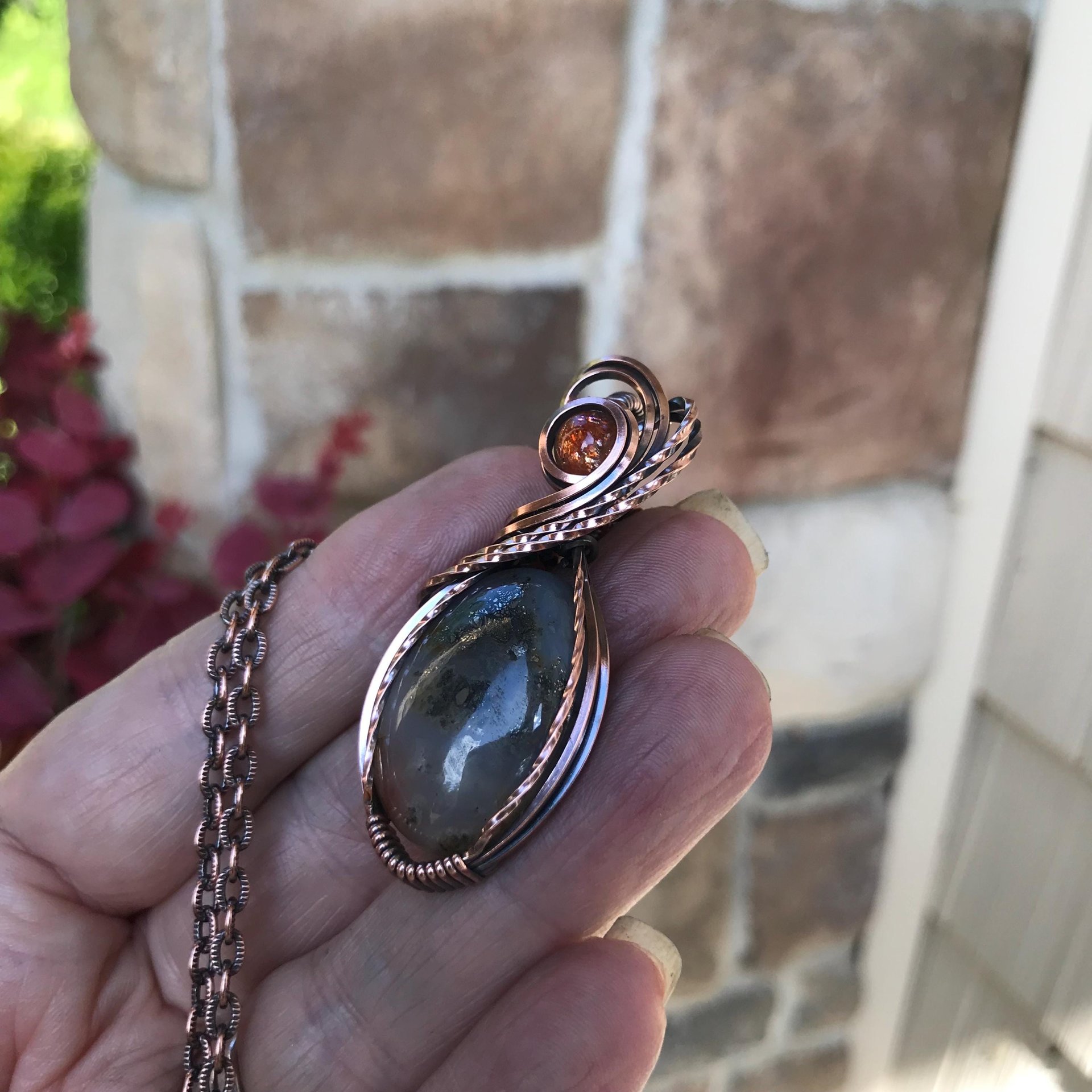 Graveyard Point Plume Agate & Sunstone Copper Pendant