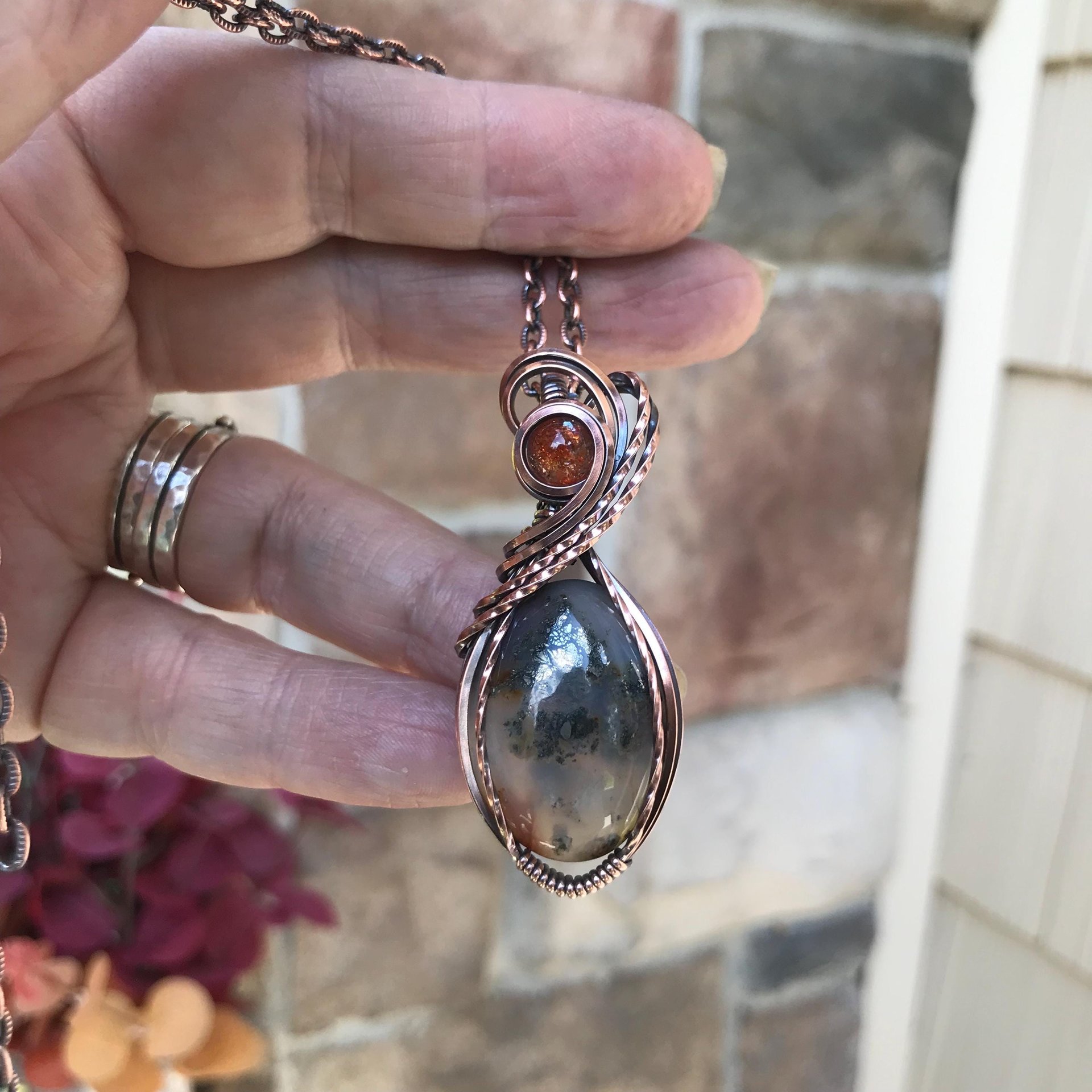 Graveyard Point Plume Agate & Sunstone Copper Pendant