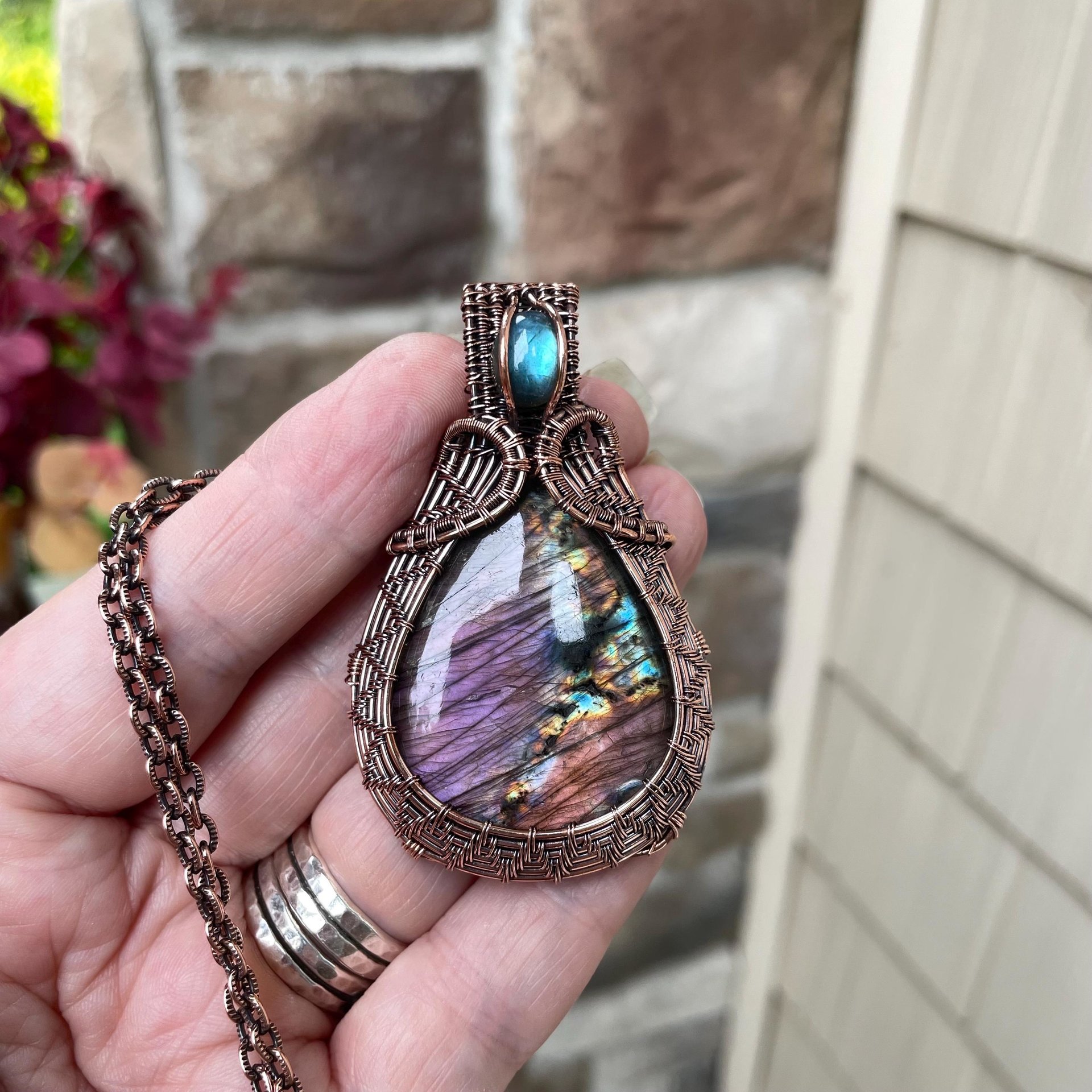 Purple & Blue Labradorite Woven Copper Pendant