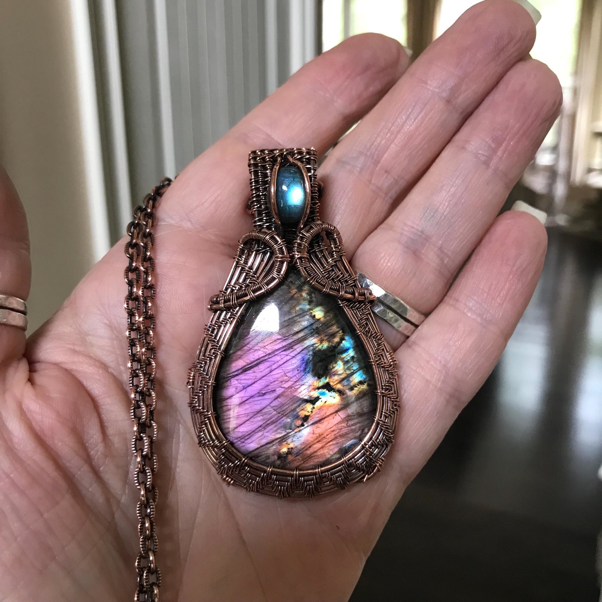 Purple & Blue Labradorite Woven Copper Pendant
