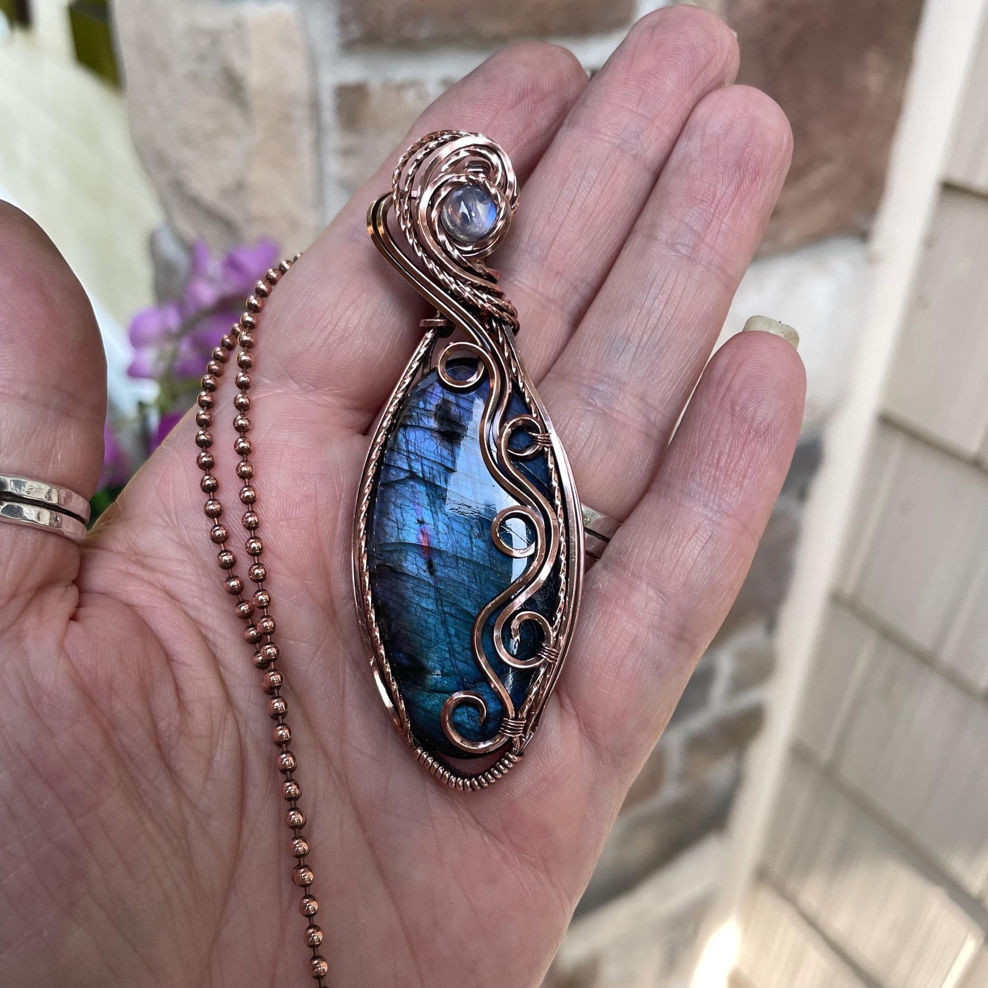 Blue Labradorite & Moonstone Slender Swirly Copper Necklace