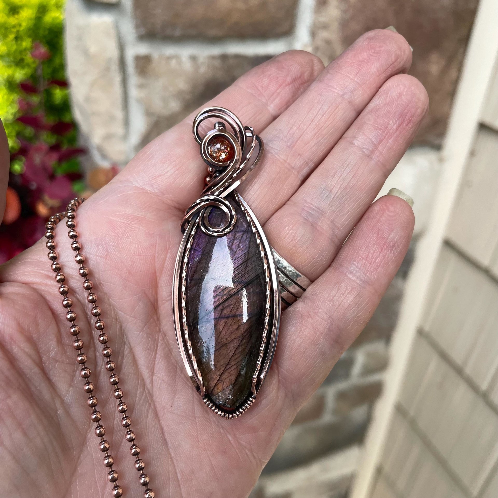 Purple & Amber Labradorite & Sunstone Marquise Copper Pendant