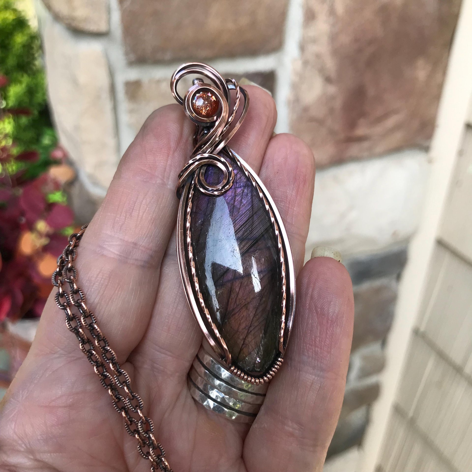Purple & Amber Labradorite & Sunstone Marquise Copper Pendant