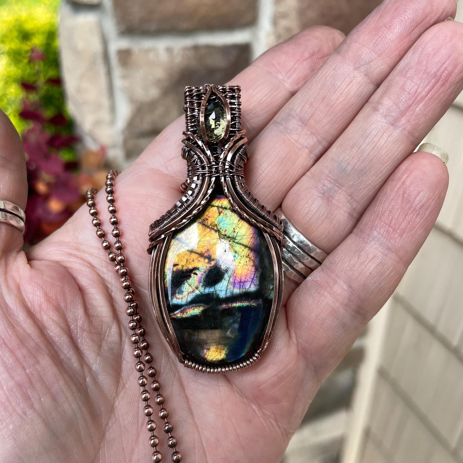 SOLD - Yellow Orange Labradorite & Lemon Quartz Copper Pendant with Weaving