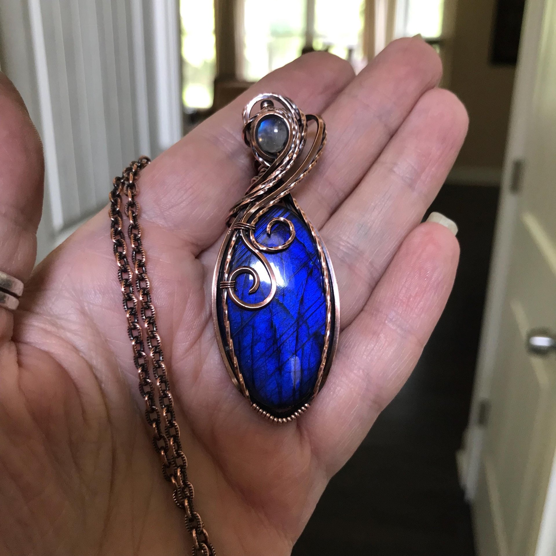 Electric Blue Labradorite & Moonstone Oval Copper Pendant