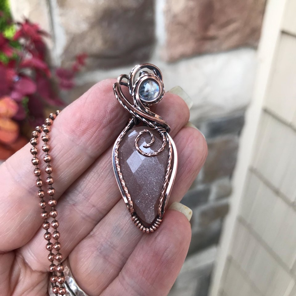 Peach Moonstone & Rainbow Moonstone Copper Pendant