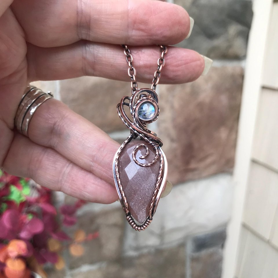 Peach Moonstone & Rainbow Moonstone Copper Pendant