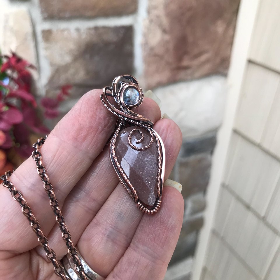 Peach Moonstone & Rainbow Moonstone Copper Pendant