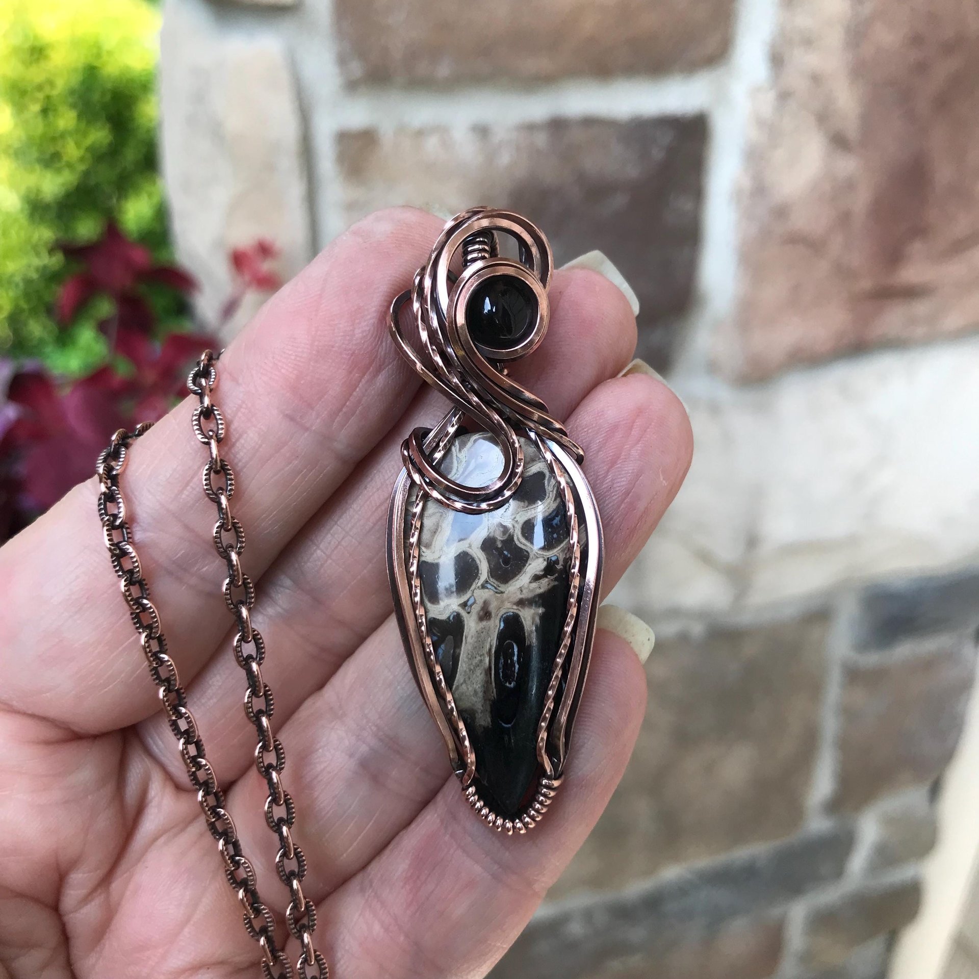 Petrified Palm Wood & Smoky Quartz Copper Pendant