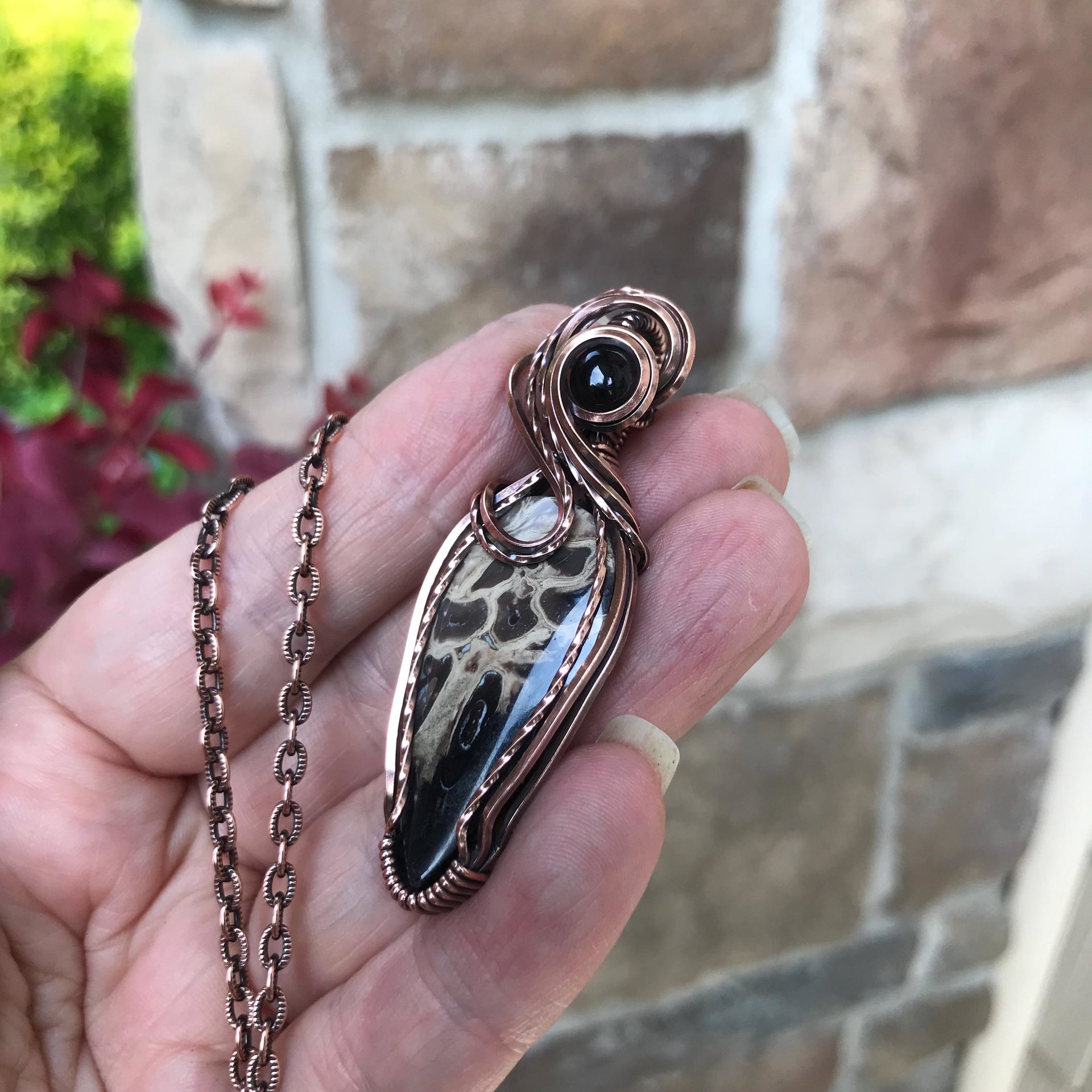 Petrified Palm Wood & Smoky Quartz Copper Pendant
