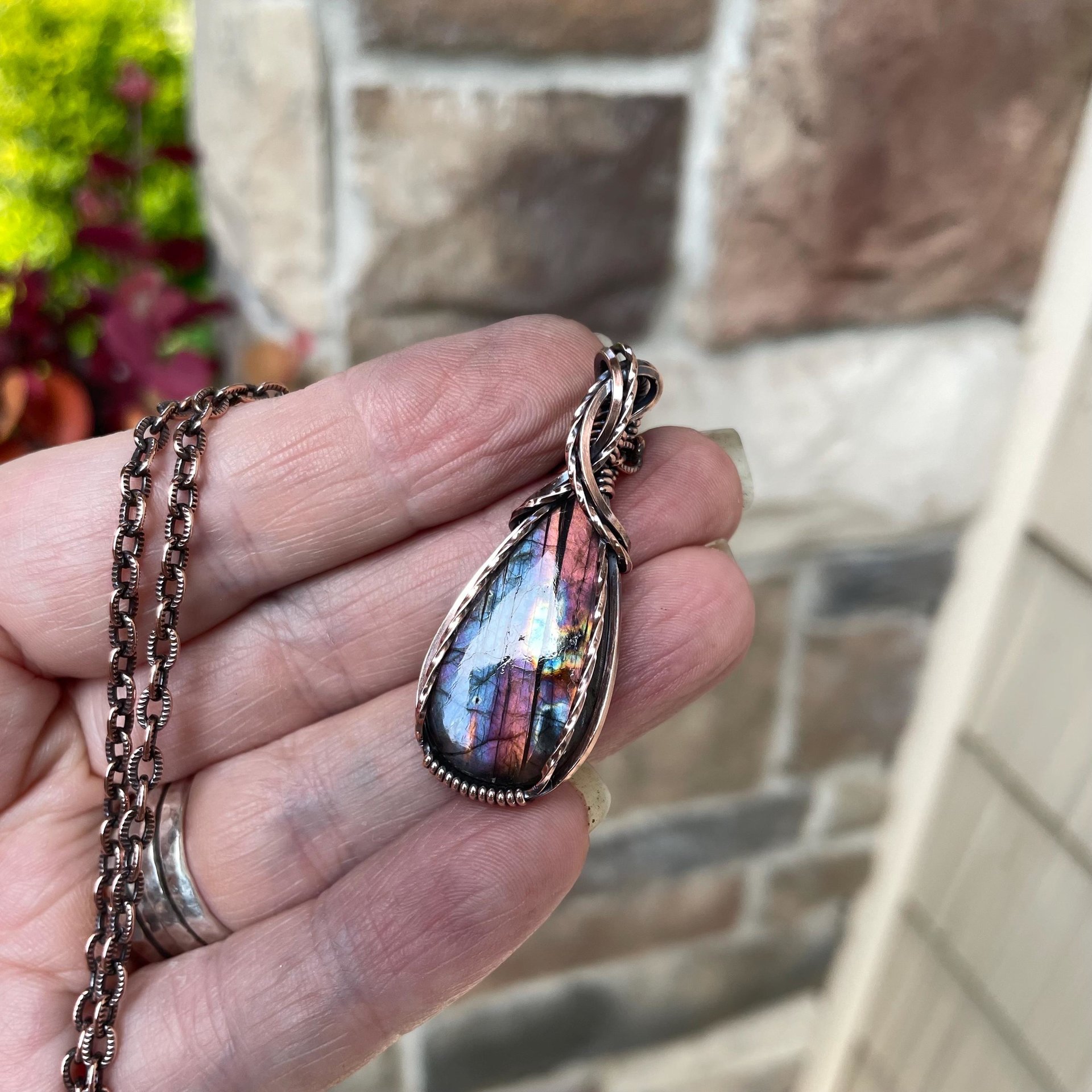 Purple Orange Labradorite Small Copper Necklace