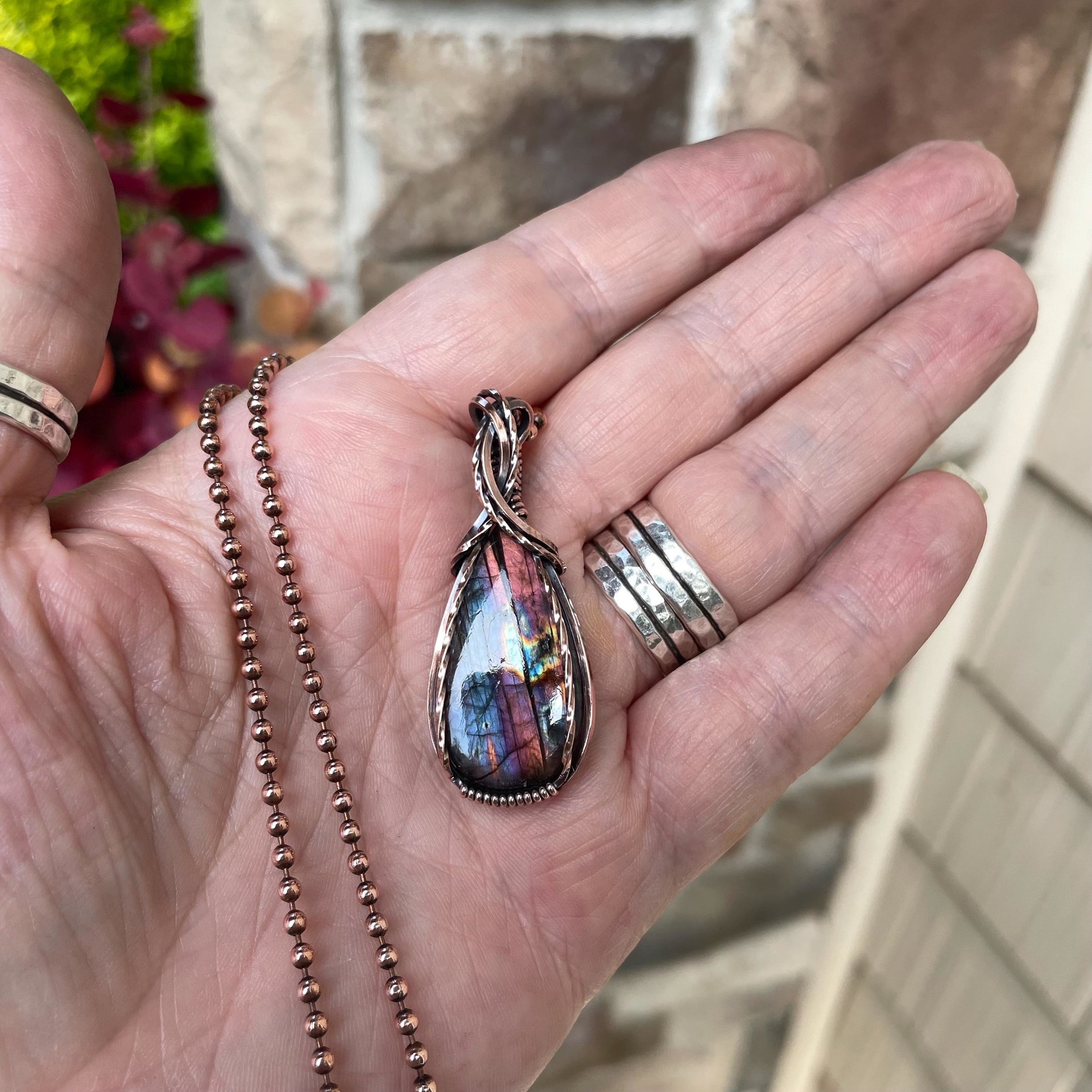 Purple Orange Labradorite Small Copper Necklace