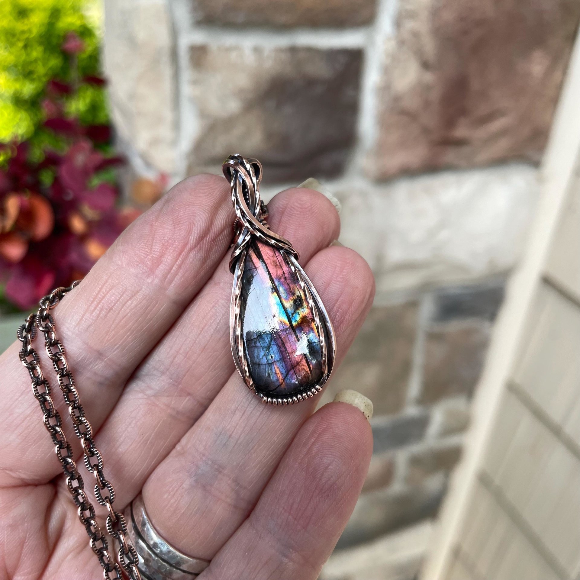 Purple Orange Labradorite Small Copper Necklace
