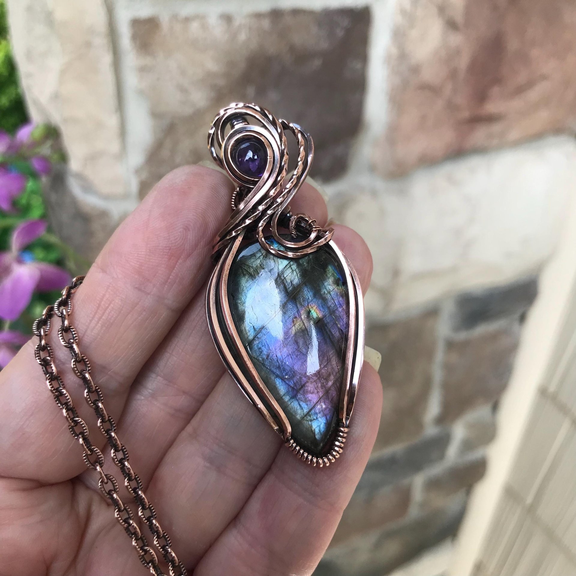 SOLD - Blue Purple Labradorite & Amethyst Copper Pendant
