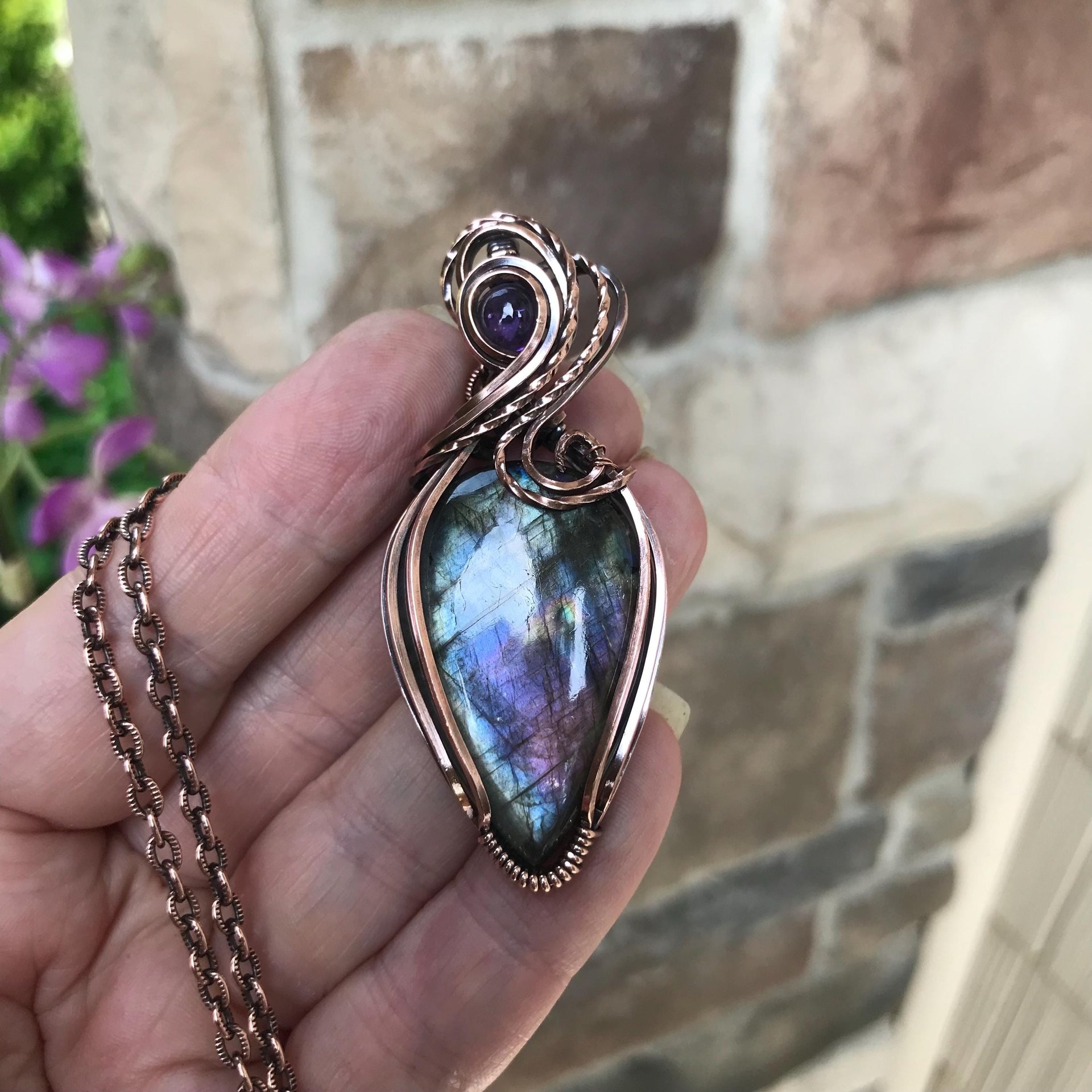 SOLD - Blue Purple Labradorite & Amethyst Copper Pendant