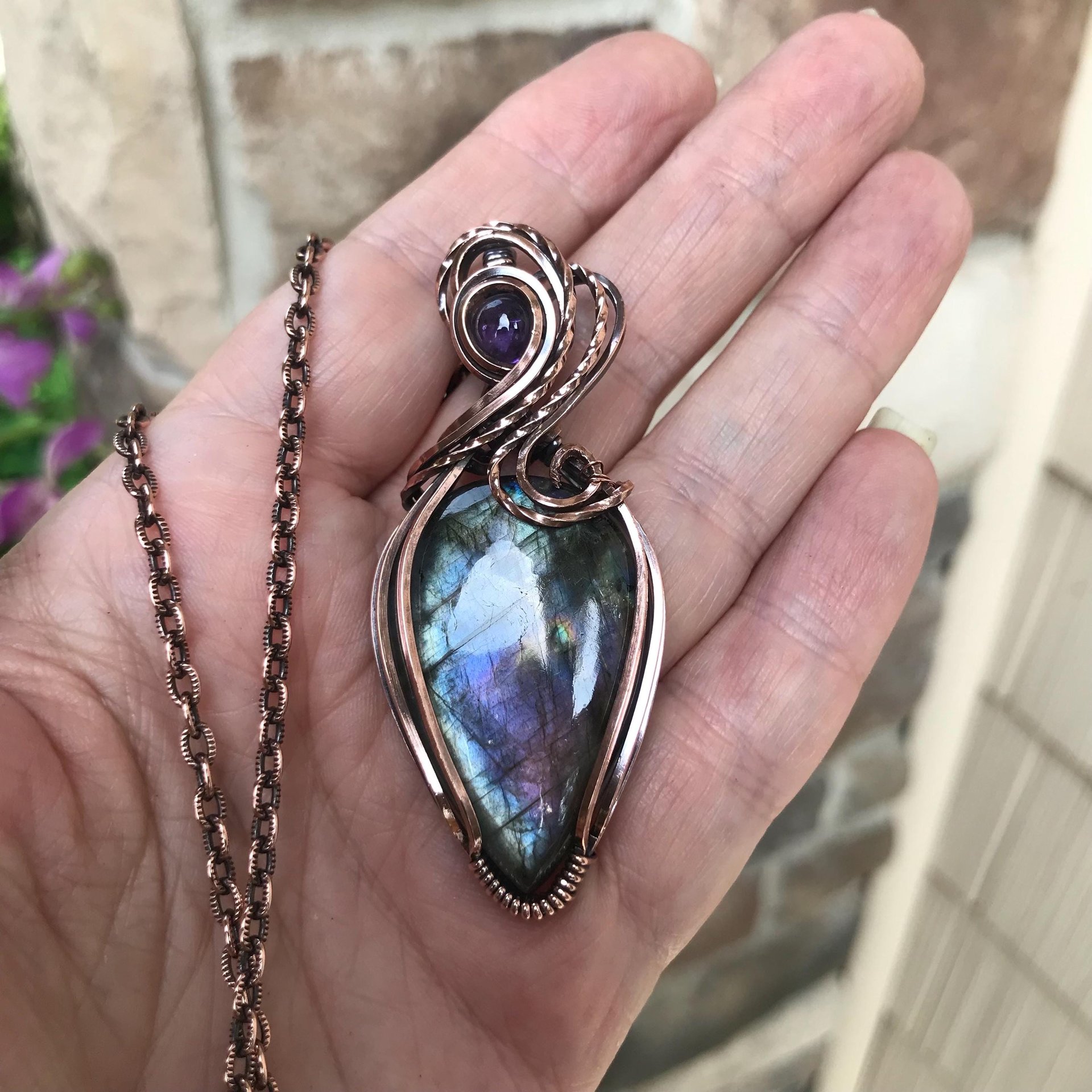 SOLD - Blue Purple Labradorite & Amethyst Copper Pendant