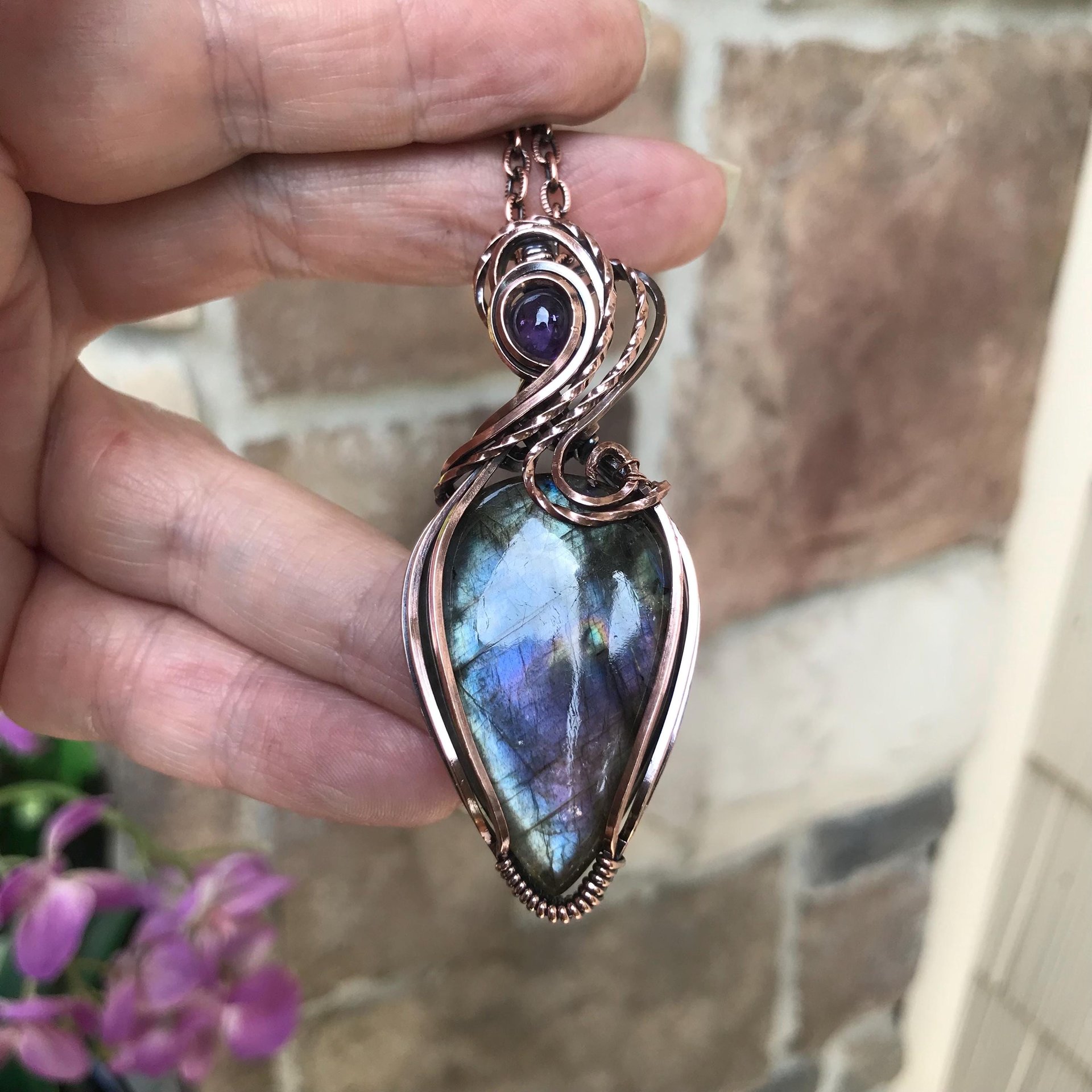 SOLD - Blue Purple Labradorite & Amethyst Copper Pendant