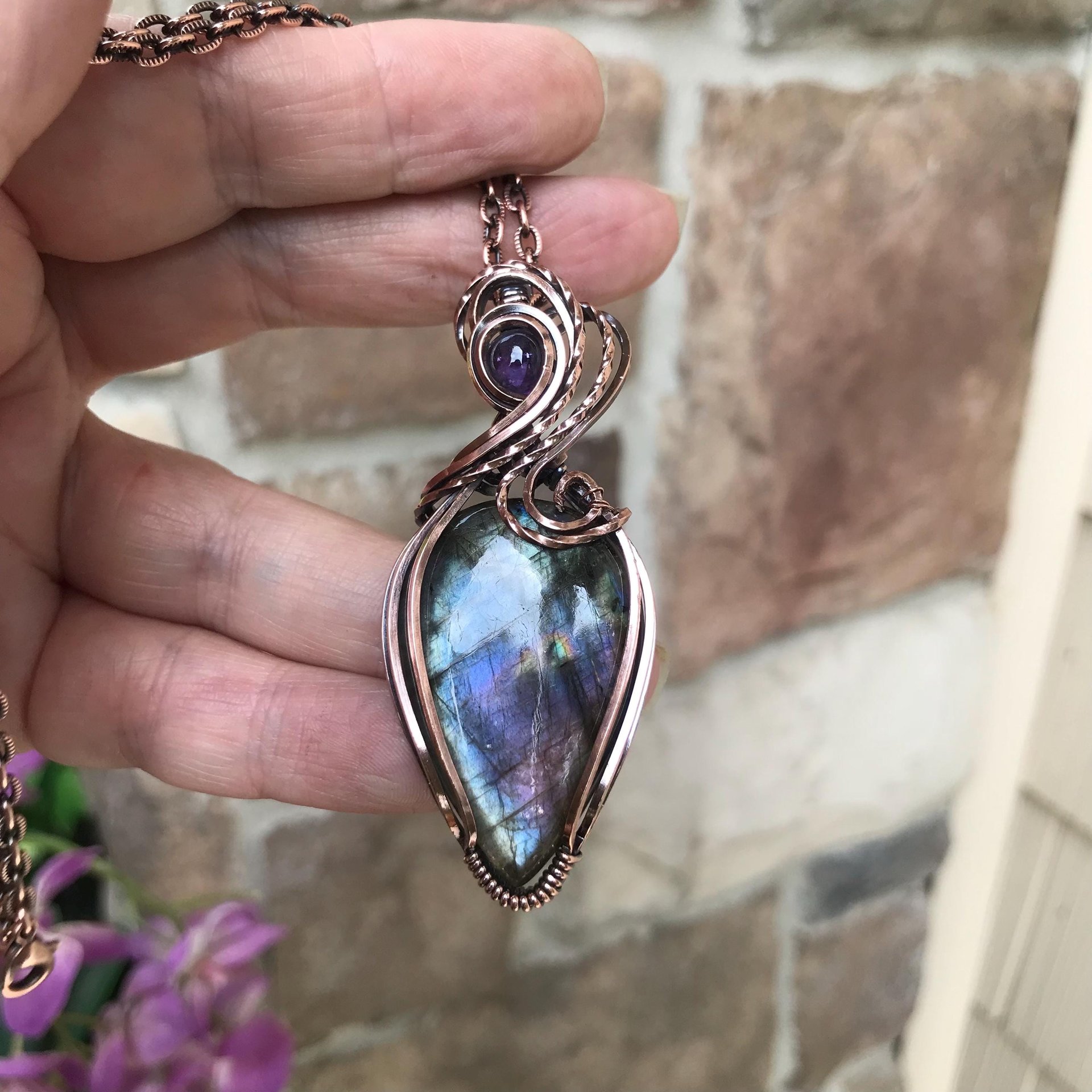 SOLD - Blue Purple Labradorite & Amethyst Copper Pendant