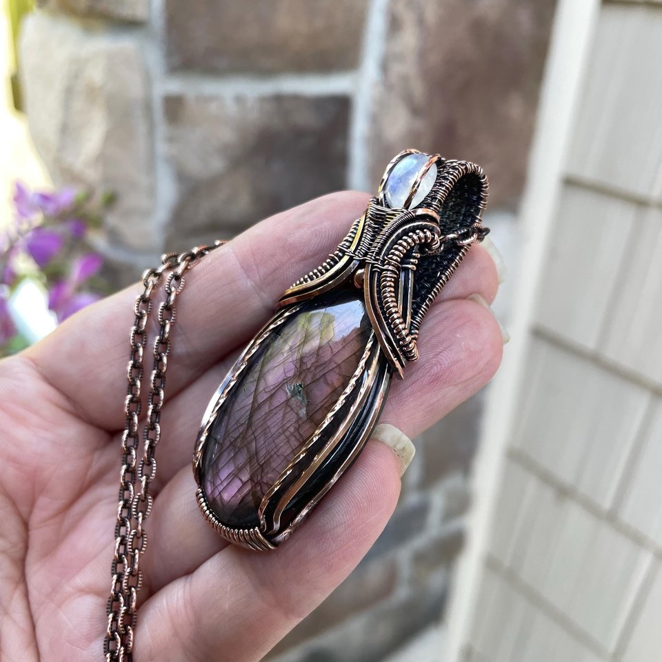 Purple Labradorite & Moonstone Oval Pendant with Weaving