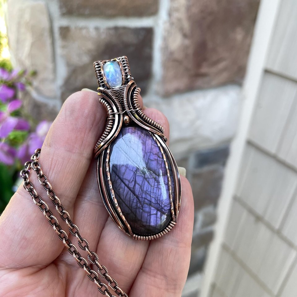 Purple Labradorite & Moonstone Oval Pendant with Weaving