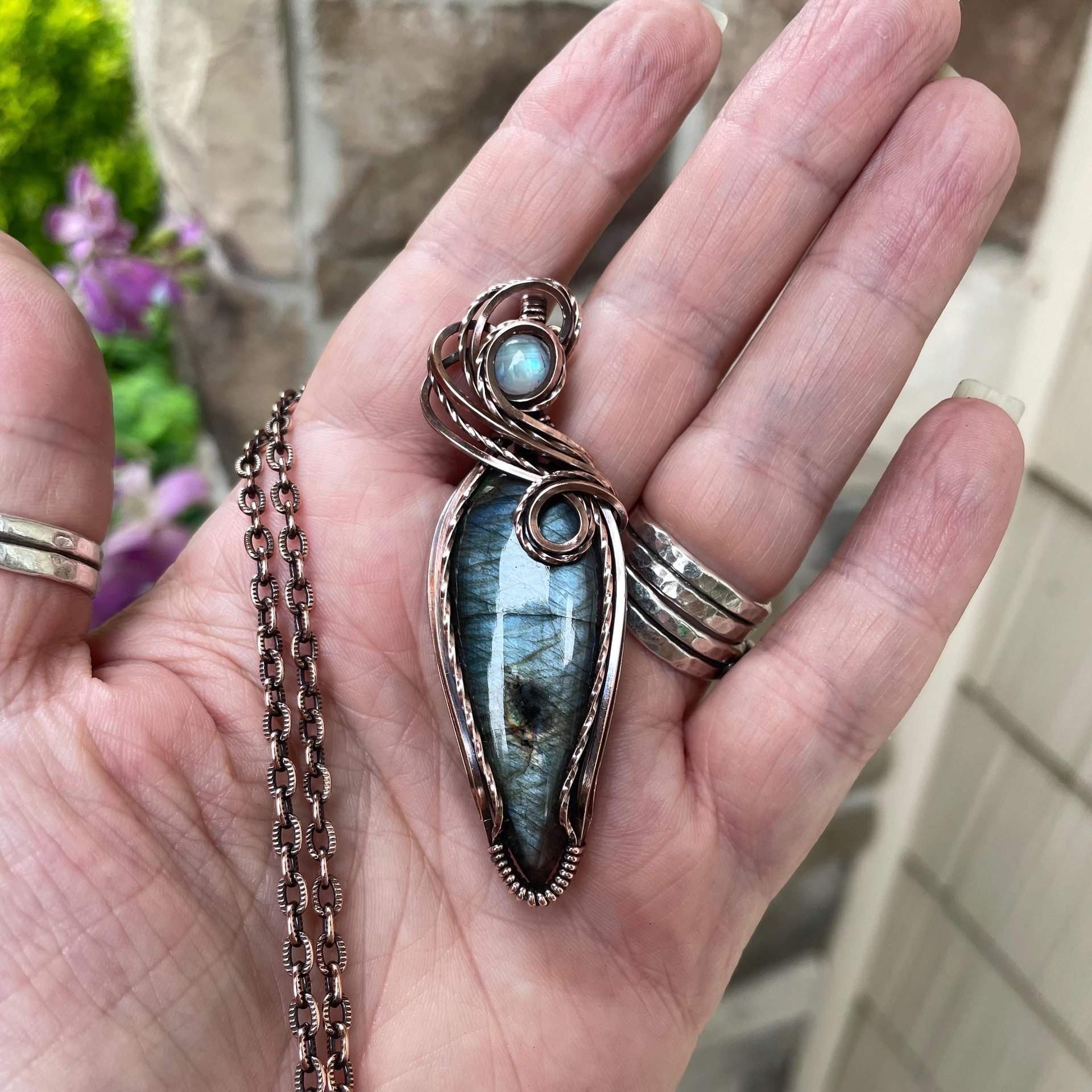 Slate Blue Labradorite & Moonstone Slender Copper Pendant