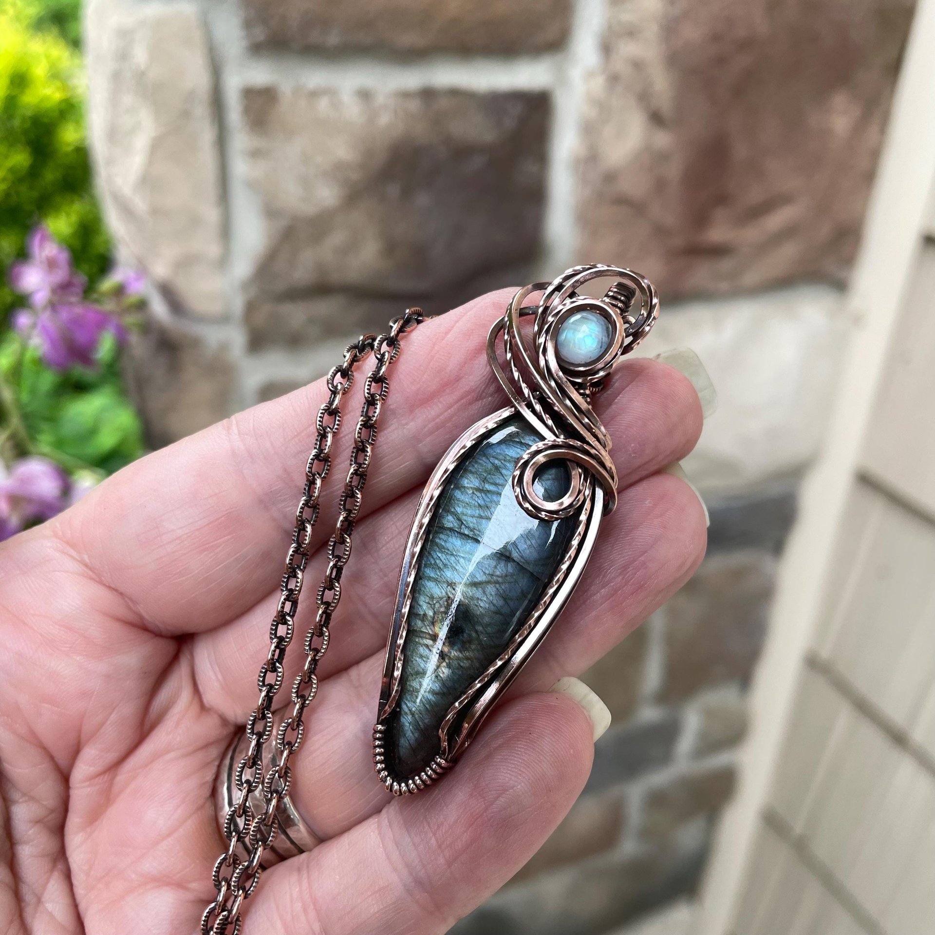 Slate Blue Labradorite & Moonstone Slender Copper Pendant