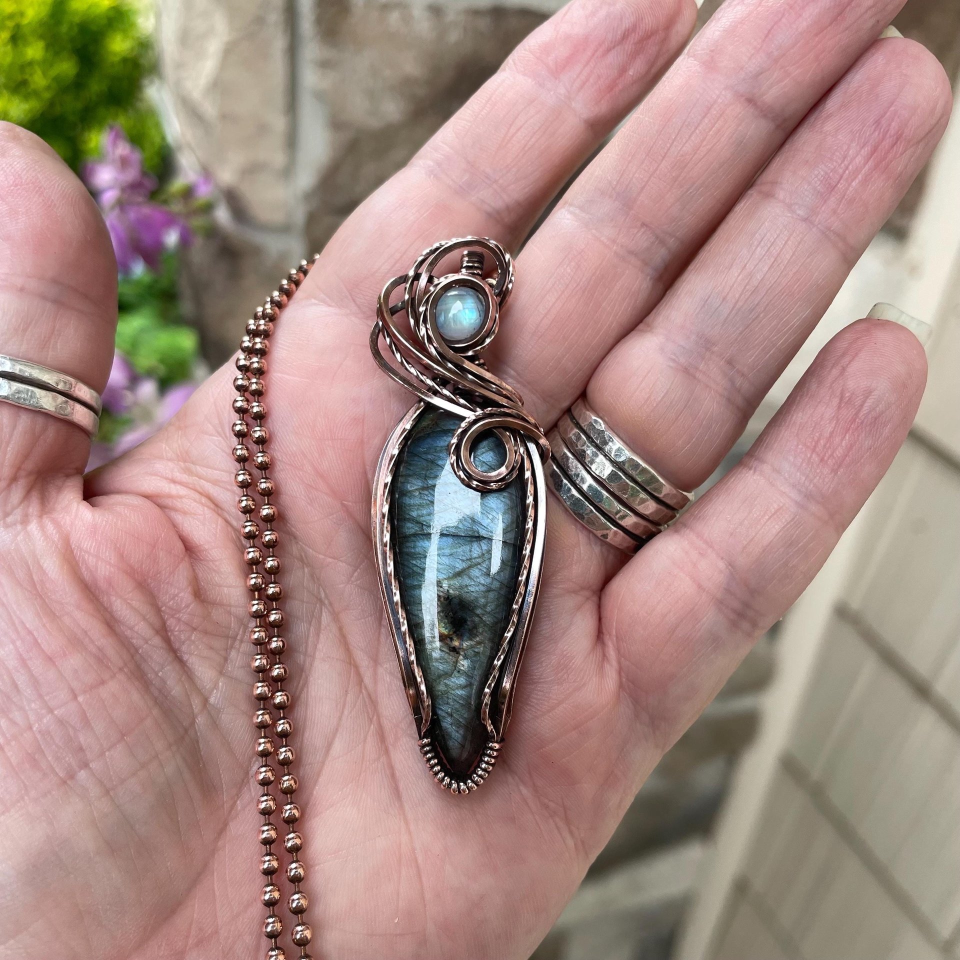 Slate Blue Labradorite & Moonstone Slender Copper Pendant