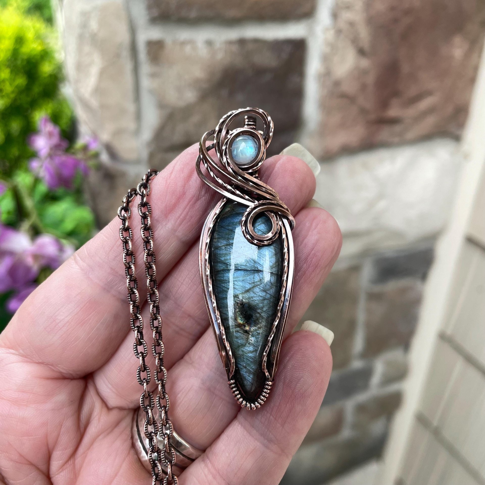 Slate Blue Labradorite & Moonstone Slender Copper Pendant