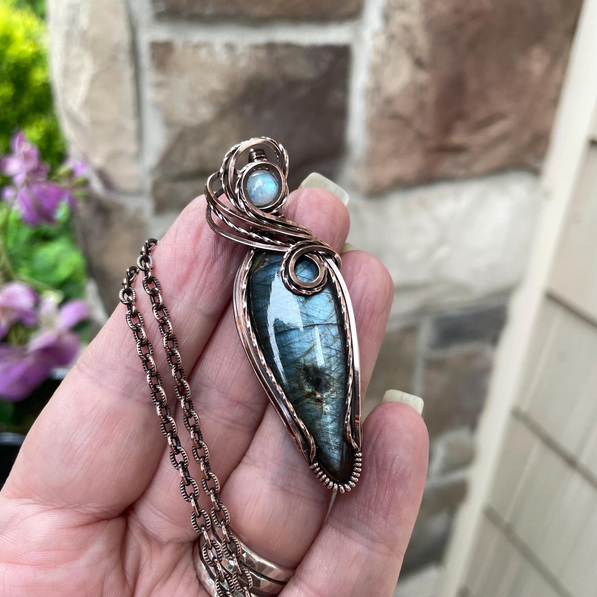 Slate Blue Labradorite & Moonstone Slender Copper Pendant