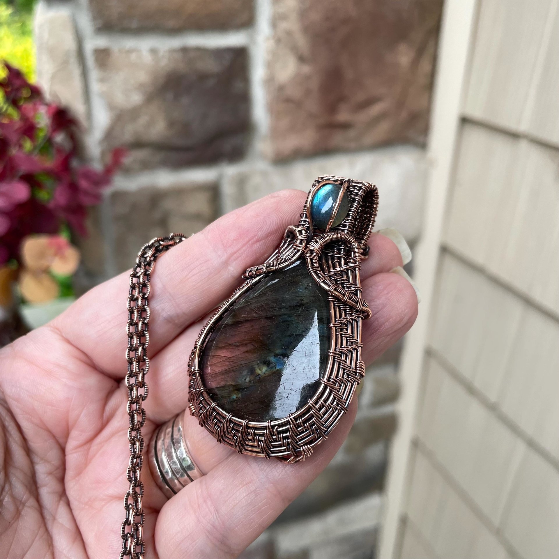 Purple & Blue Labradorite Woven Copper Pendant